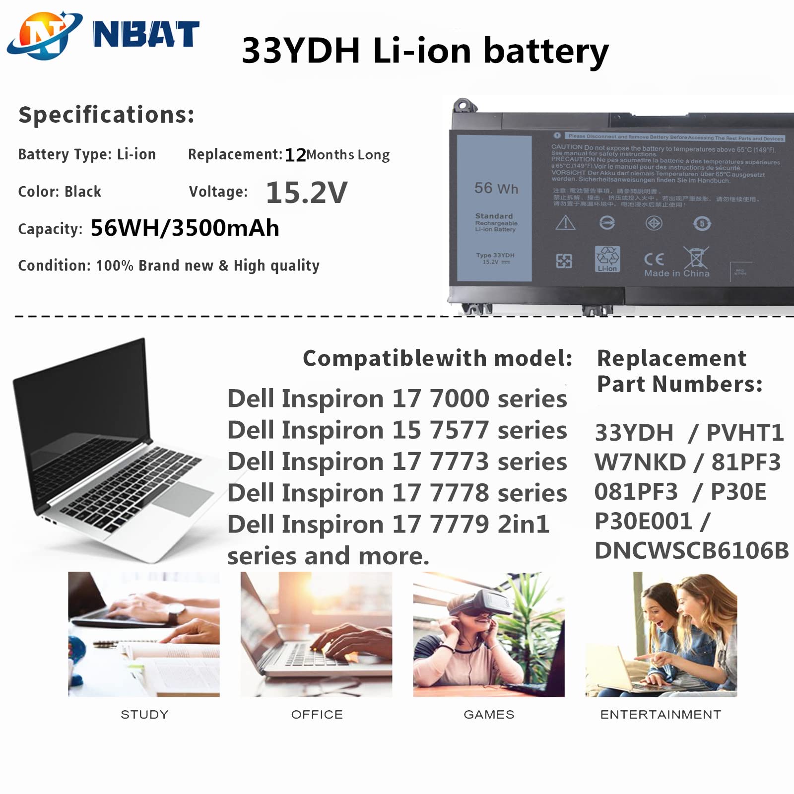 Amazon.com: Nbatispy 56WH 33YDH Laptop Battery for Dell Inspiron