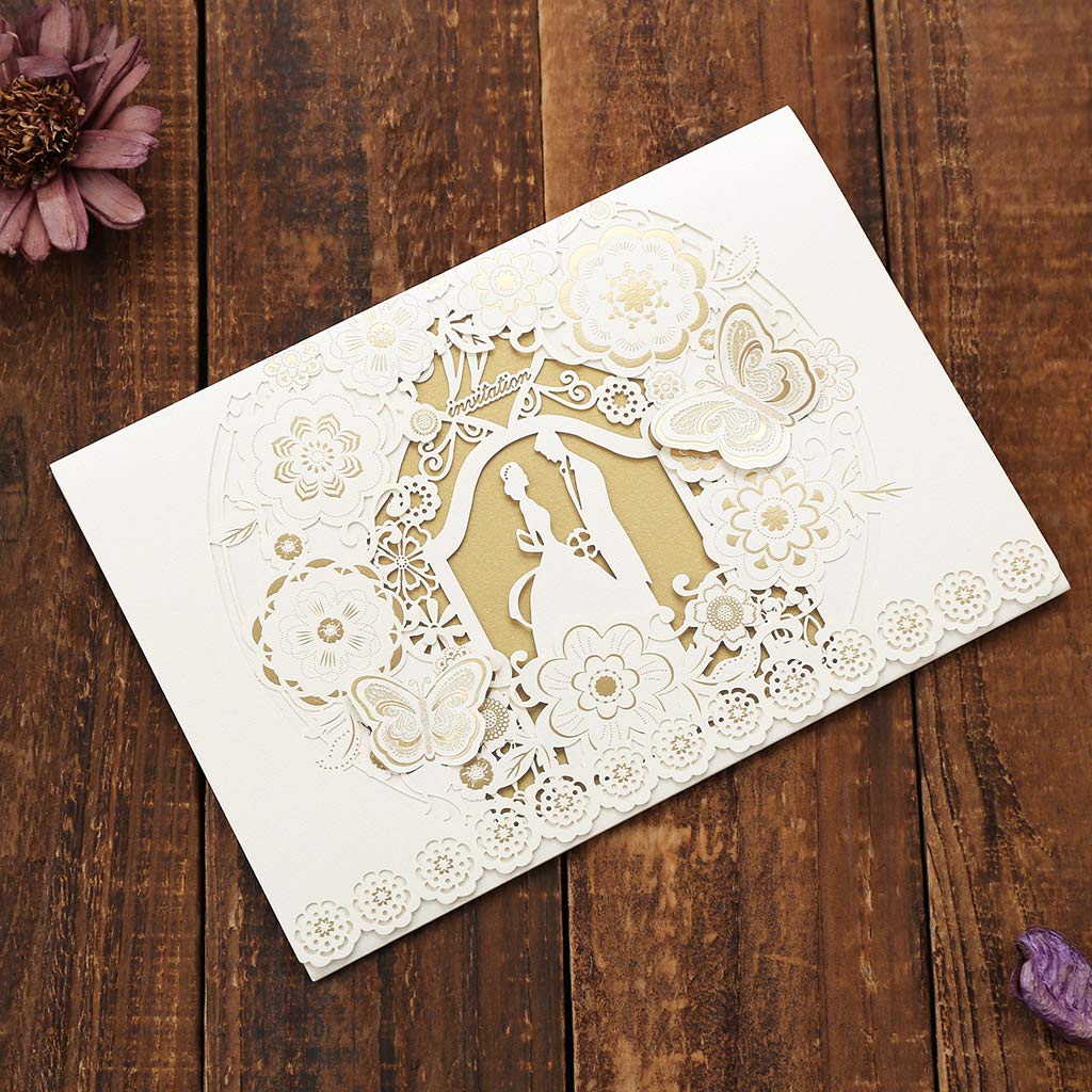 CYSKY Wedding Invitation Card 50 pezzi biglietti invito al taglio laser con carta stampabile vuota e buste per matrimonio, fidanzamento, anniversario (Bianca)