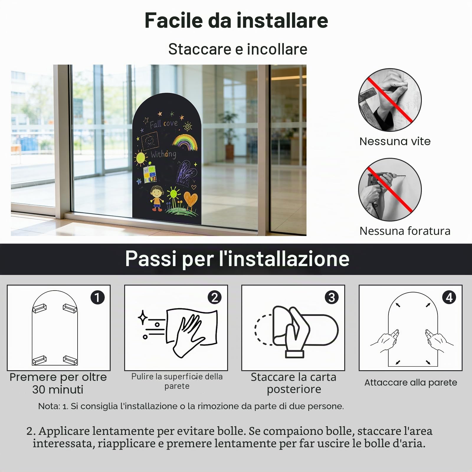 Lavagna nera adesiva magnetica da parete design arco, 80 x 40 cm | Pellicola lavagna autoadesiva cancellabile peel & stick superficie magnetica accessori inclusi, casa, ufficio, scuola(nero)