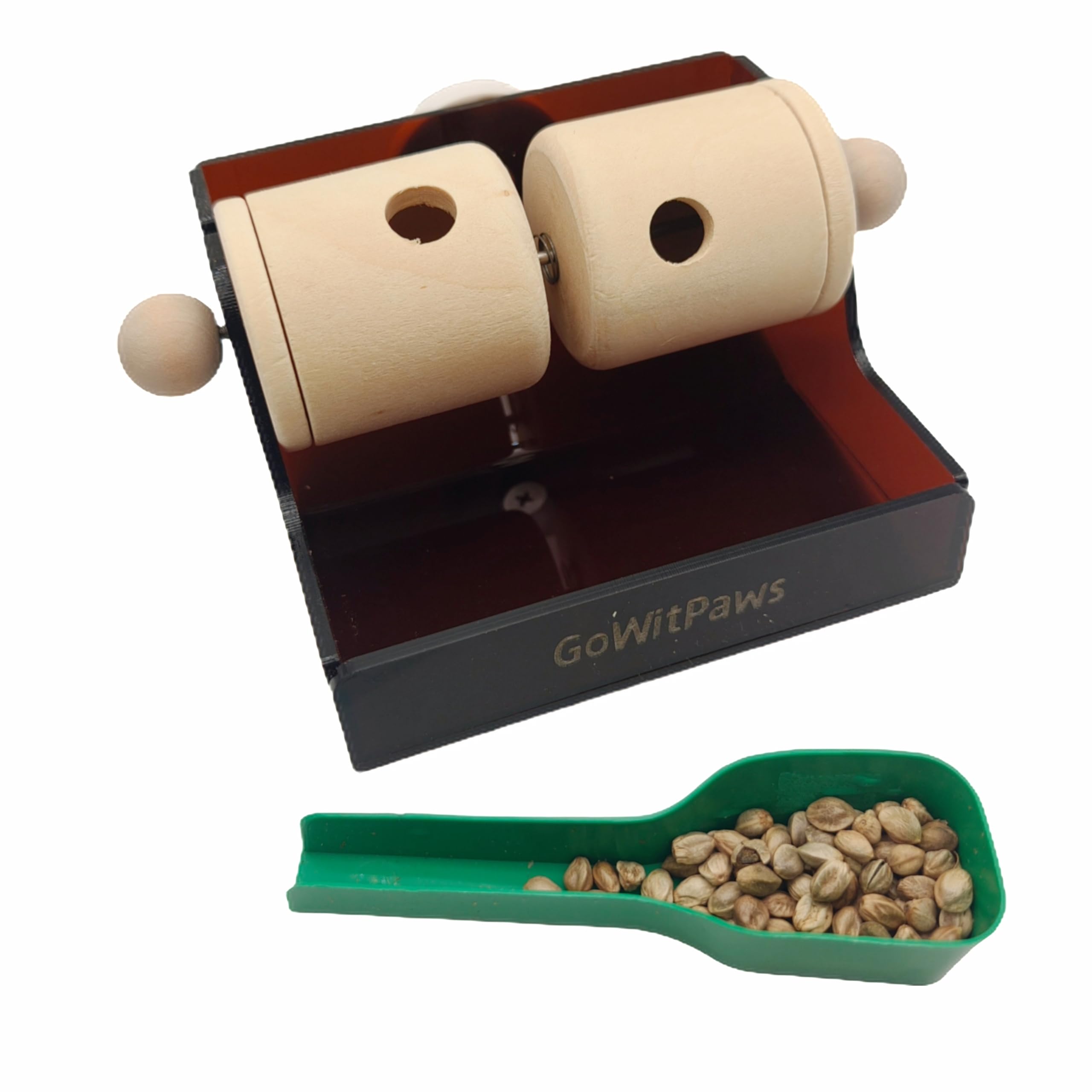 GoWitPaws Rolling Treat Dispenser, Dual Wooden Roller Foraging Toy with Tea-Colored Acrylic Tray, Interactive Puzzle Feeder for Small and Medium Parrots - image 4