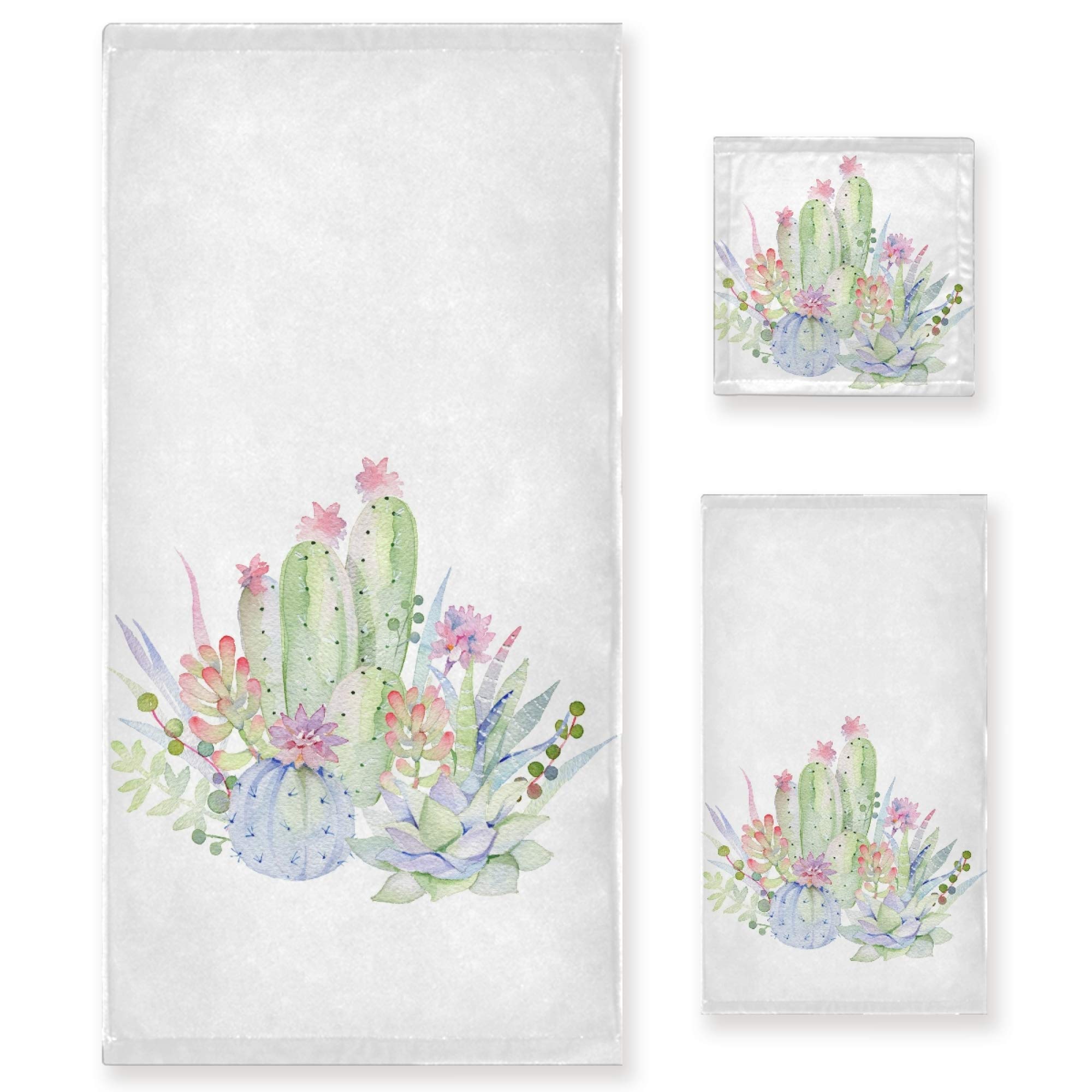 Naanle 3-Piece Towel Set,Watercolor Succulent Cactus Flower Bath Towel Sets, 1 Bath Towel, 1 Hand Towel, 1 Washcloth, Succulent Cactus Floral Plant Absorbent Soft Towels Quick Drying for Bathroom