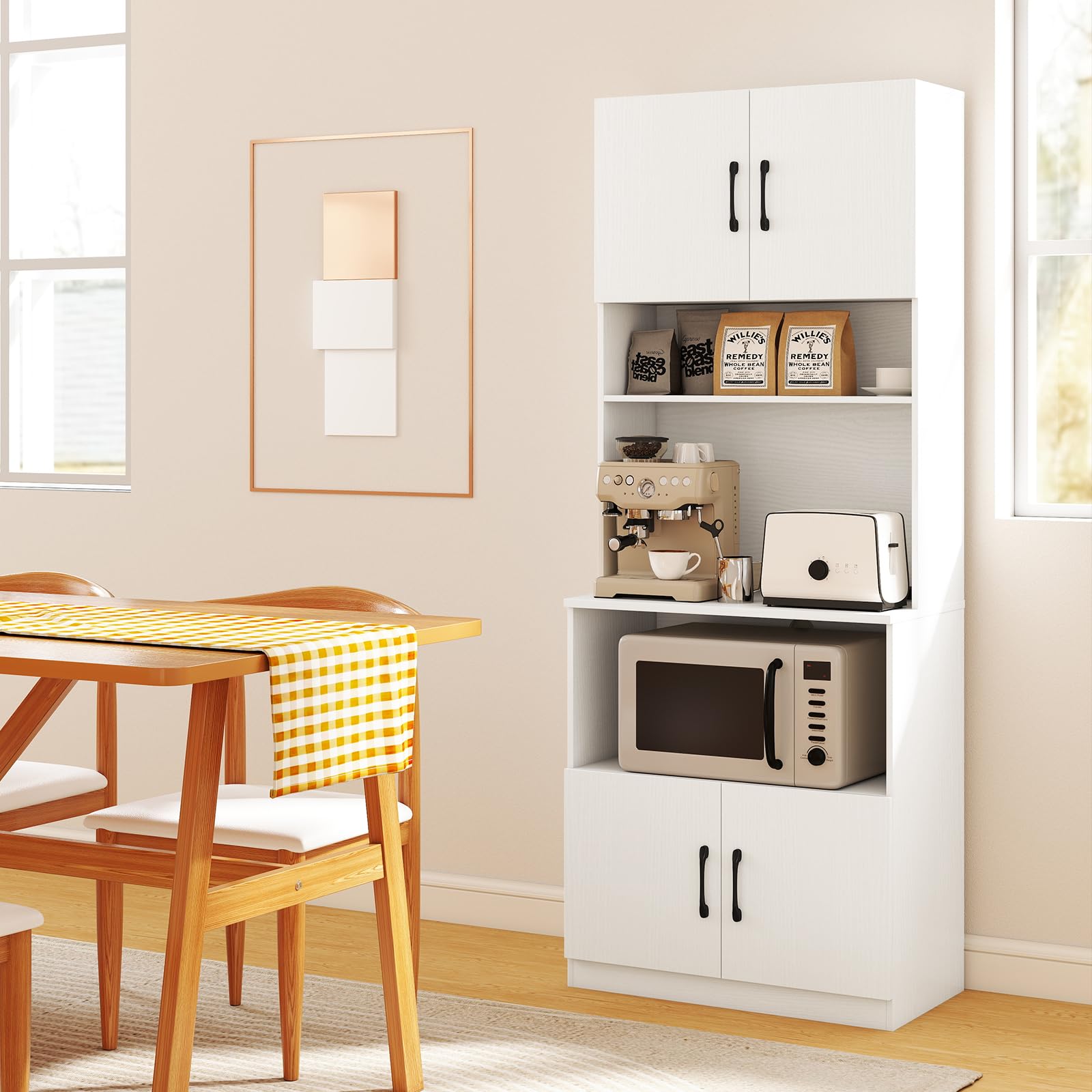 KOMFOTTEU Aparador de Cocina con Estación de Carga, Armario Buffet con 4 Puertas, 2 Estantes Ajustables, Mueble de Almacenamiento con Encimera para Microondas, 64,5 x 38 x 168 cm, Blanco