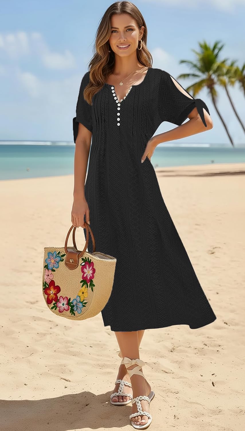 Coverup Summer Dresses for Women 2026 Eyelet Casual Loose Maxi Sundresses Beach Dress with Pockets - Image 2