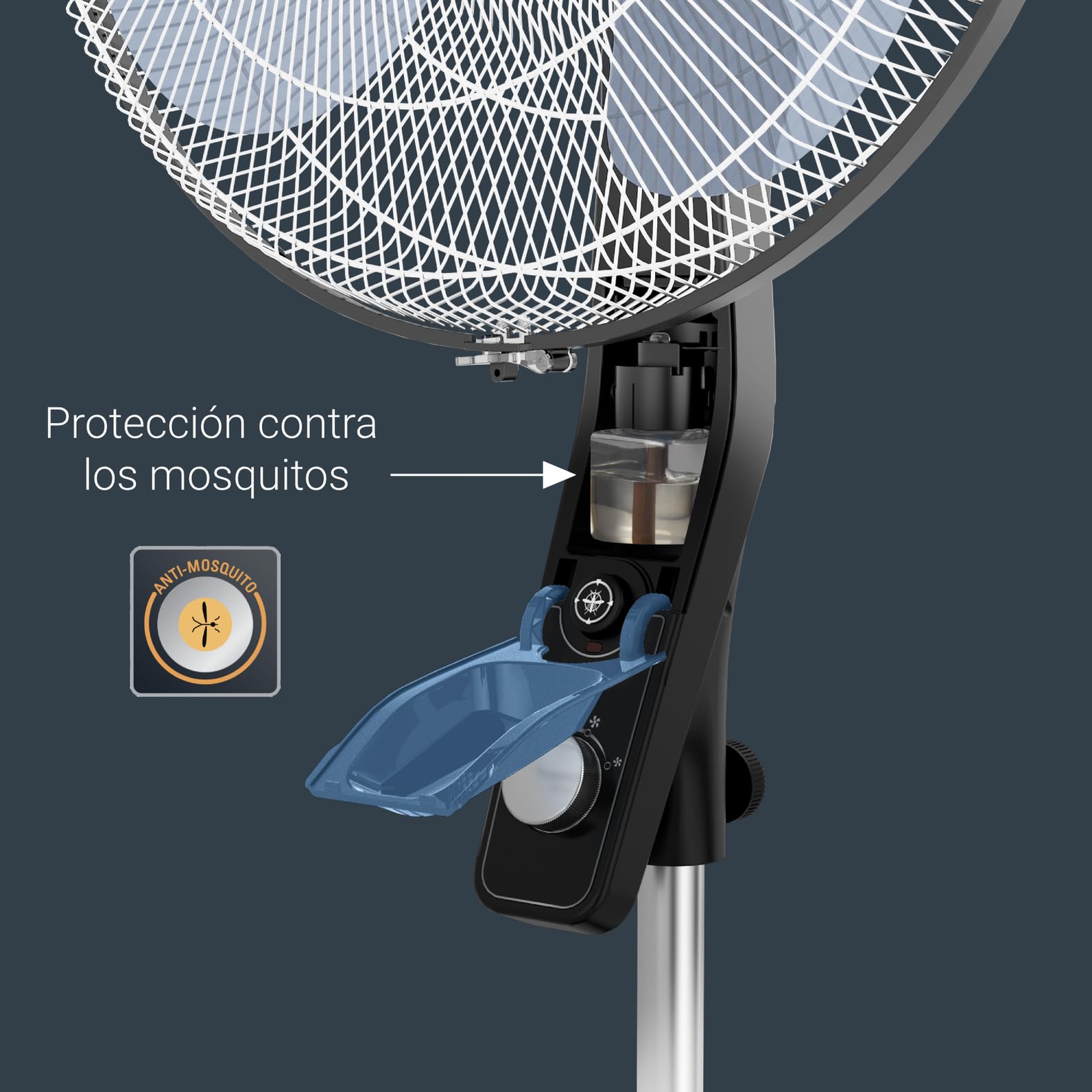 Rowenta Essential+ Ventilador de Pie Silencioso - Función Antimosquitos, Oscilación Automática, 3 Velocidades, Flujo de Aire 55 m³/min, Altura Ajustable hasta 130 cm, Bajo Consumo (Reacondicionado)