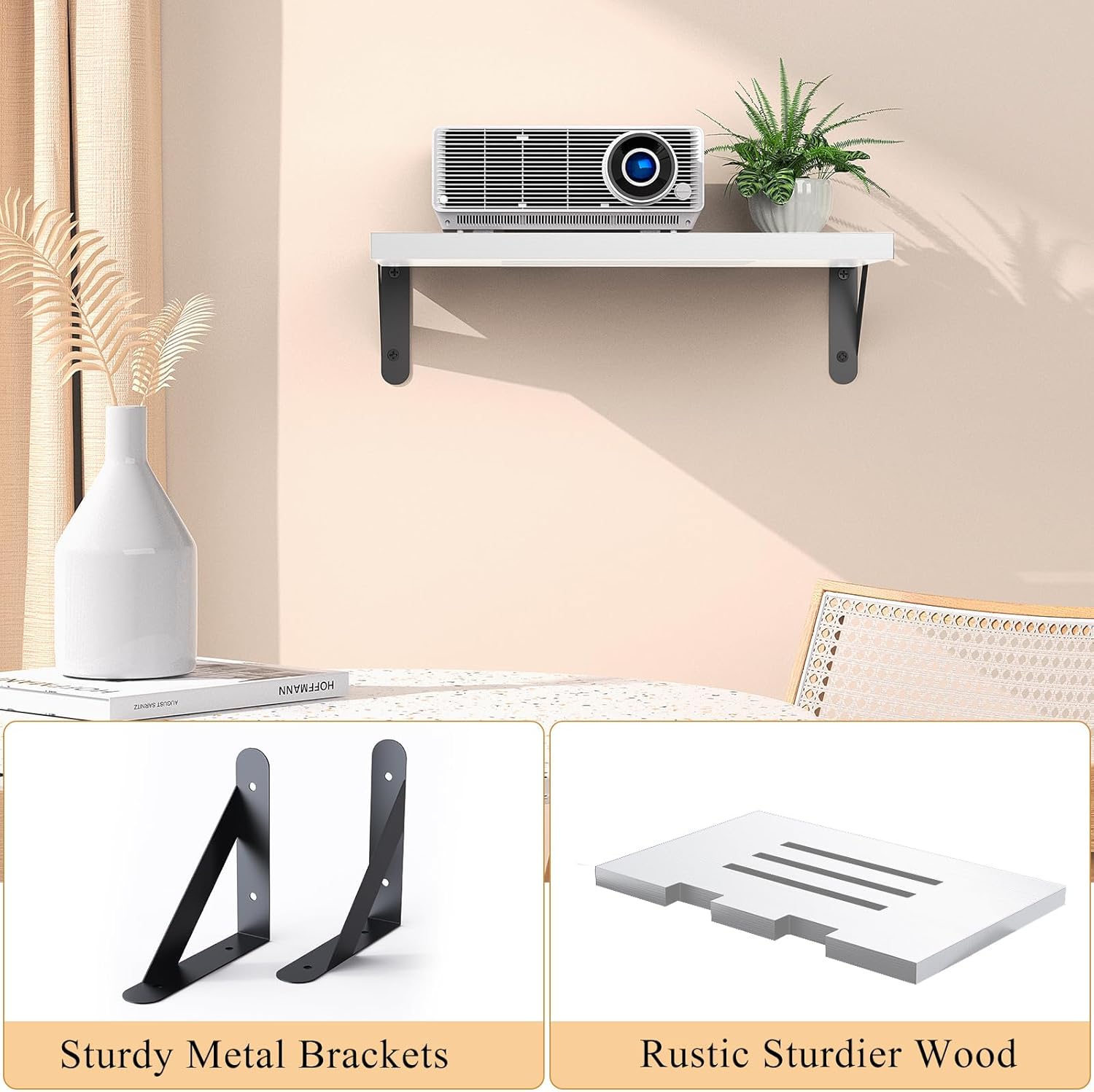 DAWASAPAT Projector Shelf/Modem Shelf/Router Shelf/Cable Box Wall Mount/Router Wall Mount, 15.7" x 9.8"(Lx W) White Projector Holder Stand Accessories with Cable Ties