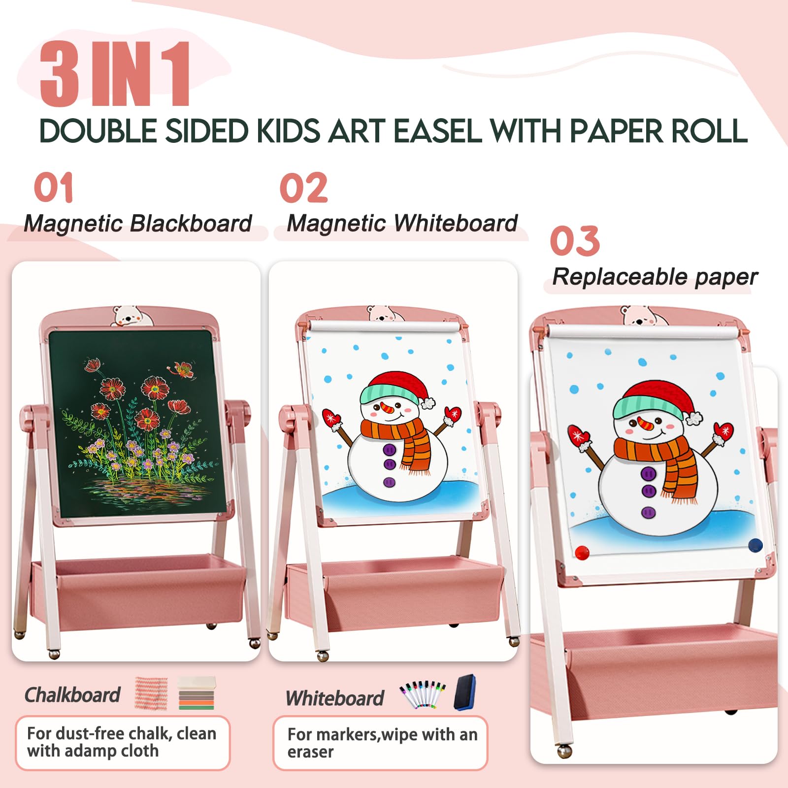 Caballetes para Niños 3 en 1 Pizarra Caballete Pintura Infantil de Doble Cara Plegable con Papel en Rollo Altura Ajustable Giratoria 360°, Pizarra con Caja de Almacenamiento para niños y niñas