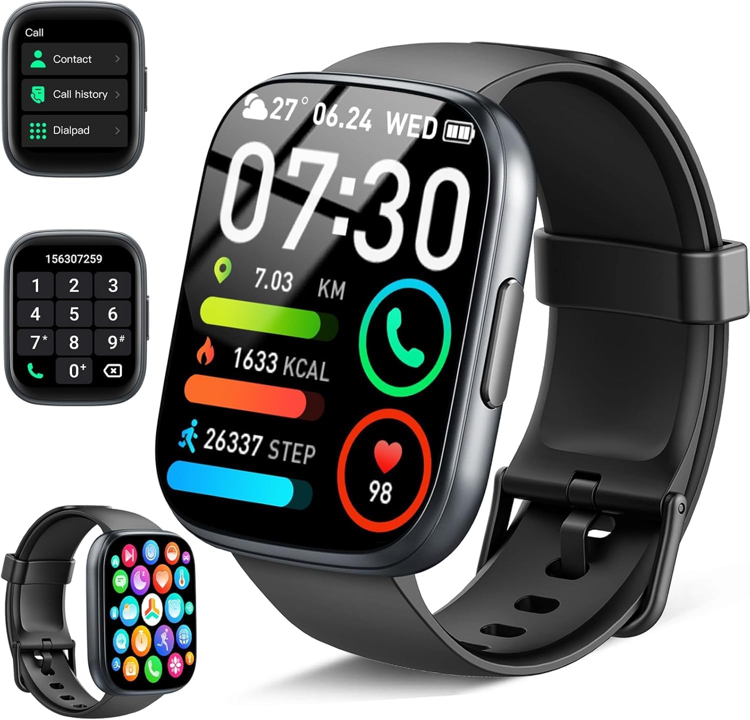 Poounur Smartwatch T80 main view showing watch face with time, date, steps, calories, heart rate, and distance. Insets show call, contact, and dialpad interfaces.