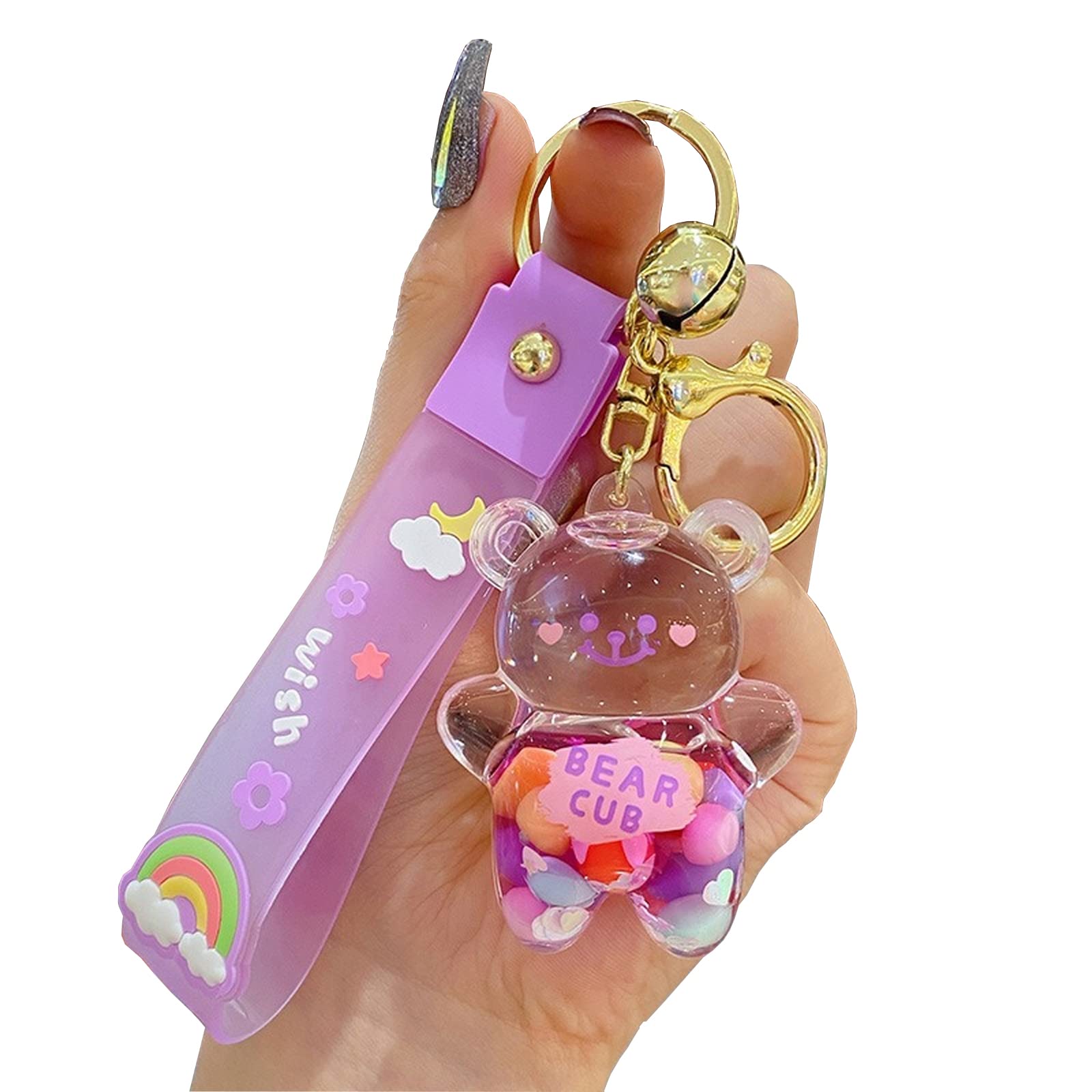 WIMETI Kawaii Keychain Bear Liquid Floating Quicksand Cute Keychains Bag Charm Wristlet Bracelet Key Ring for Women Girl