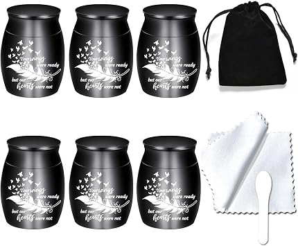 Small Keepsake Urns for Human Ashes - Set of 6 - Share Urn with Family & Friends Mini Cremation Urns with Feather Seagull Pattern Stainless Steel Memorial Ashes Holder 6Pcs Black Urn