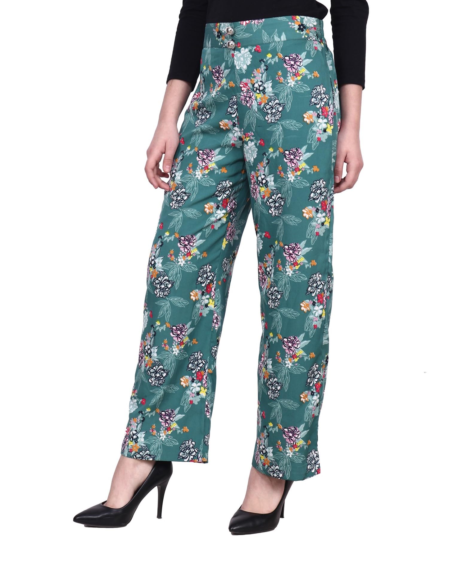 Popwings Casual Sea Green Floral Printed Regular Fit Palazzo For Women Palazzos For Women
