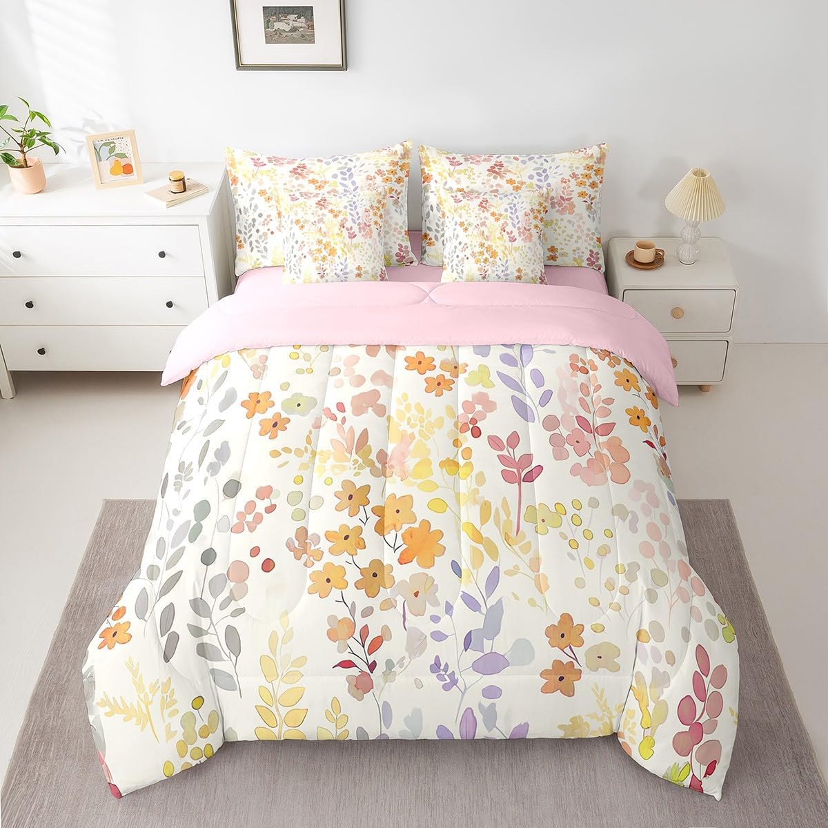 Erosebridal 7 Piece Cute Boho Floral Comforter Set Twin,Bohemian Yellow Flowers Bedding Set for Kids Girls Women,Rustic Colorful Wildflower Bed in a Bag with Fitted Sheet,Flat Sheet,Pillowcases