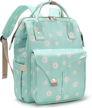 Flowers Laptop Backpack College School Backpack Bookbags Nurse Backpacks Travel Bags for Women Girls Fits 15.6 Inch Notebook Daisy Green