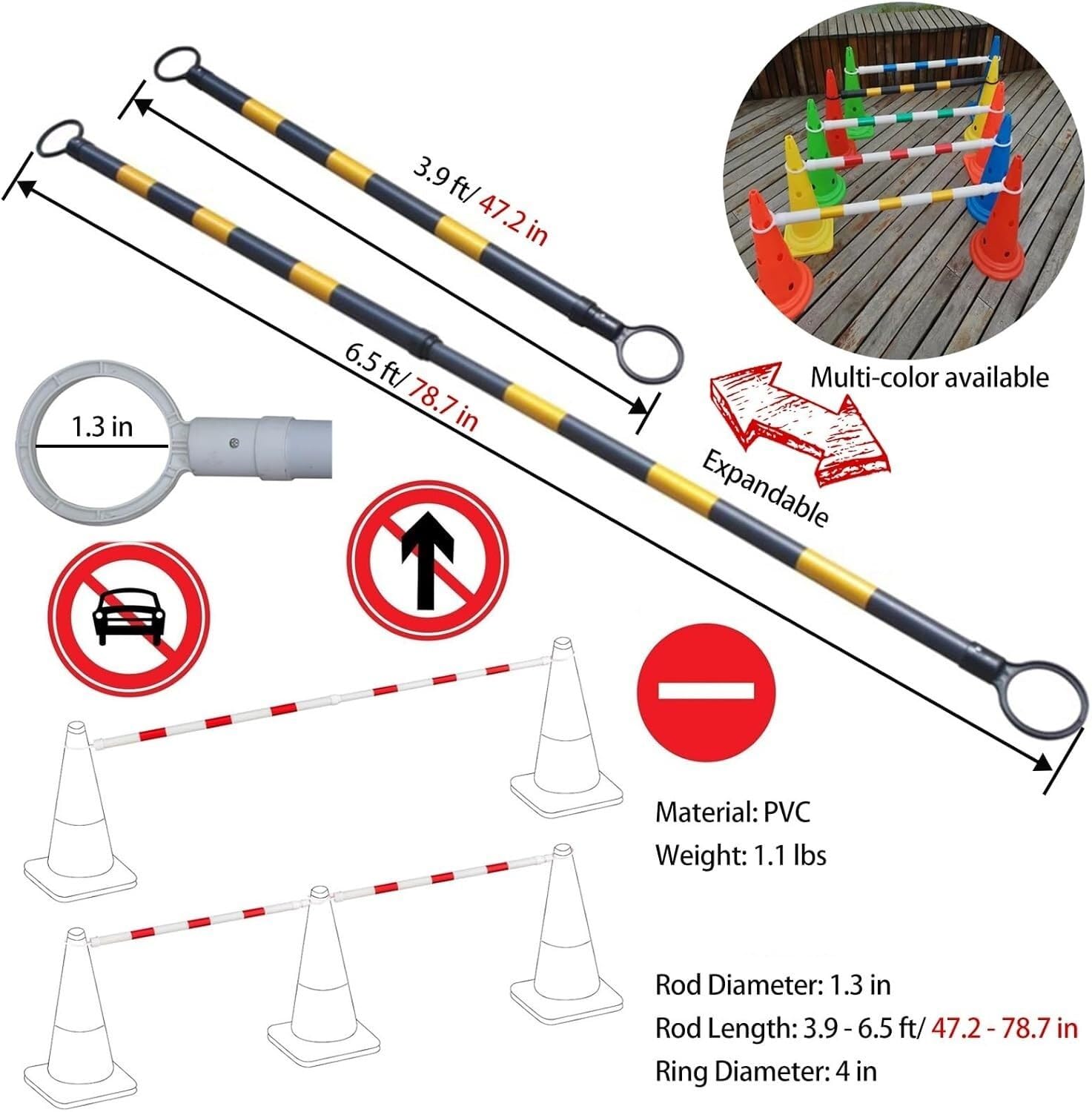 Balise de signalisation télescopique haute visibilité en plastique extensible pour parkings et chantiers routiers - Lot de 9 cônes de sécurité emboîtables jaunes et noirs - Légers et faciles
