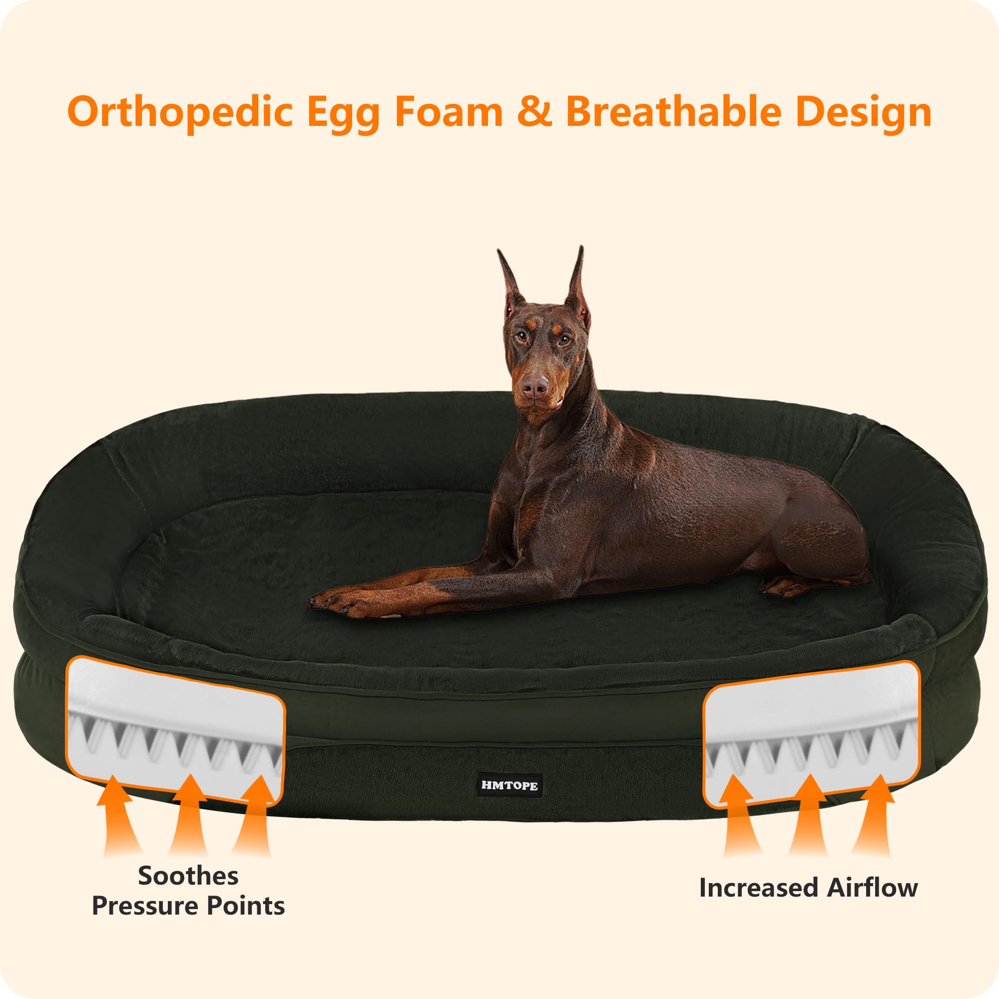 HMTOPE Cama ortopédica para perros, sofá para perros, cojín cervical de cuatro lados, base antideslizante, cesta para perros, extraíble y lavable, para perros grandes, 122 x 90 x 19 cm, verde oliva