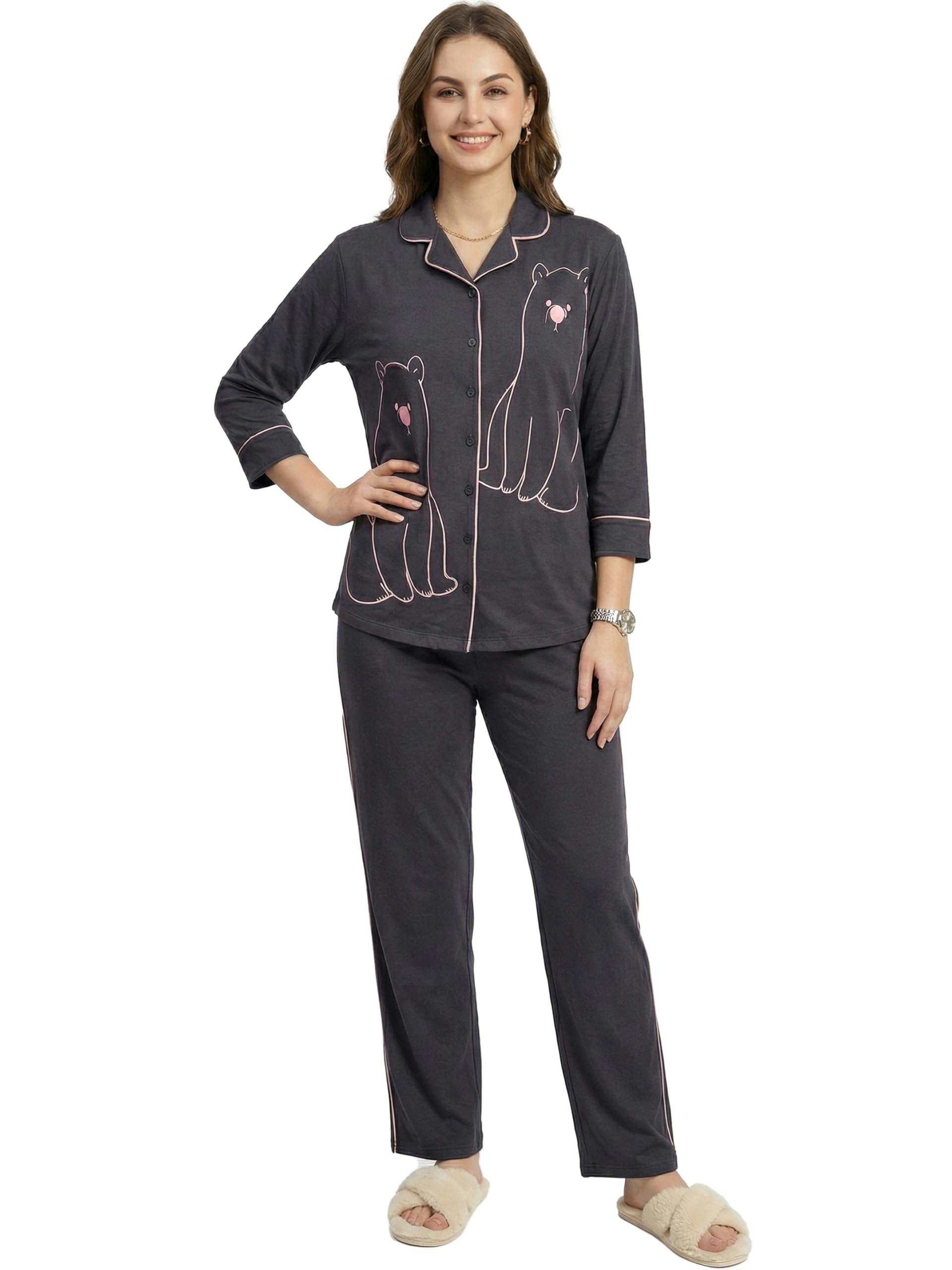beebelle Night Suit for Women's Bear Printed Cotton Night Dress of Shirt and Pajama 1156-picture-55