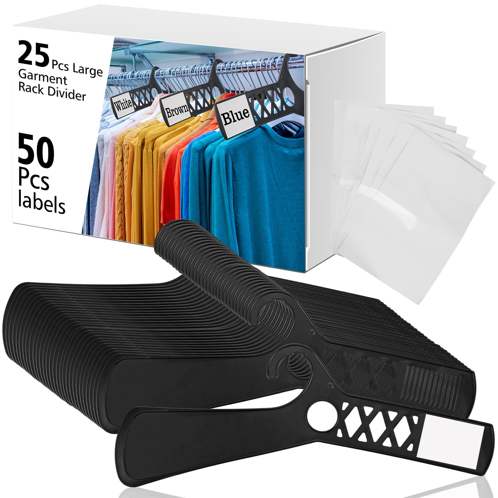 DoubleFill 25 Pcs Large Closet Dividers and 50 Pcs White Blank Cards 18 Inch Clothing Rack Size Dividers for Hanging Clothes, Black Garment Rack Tag