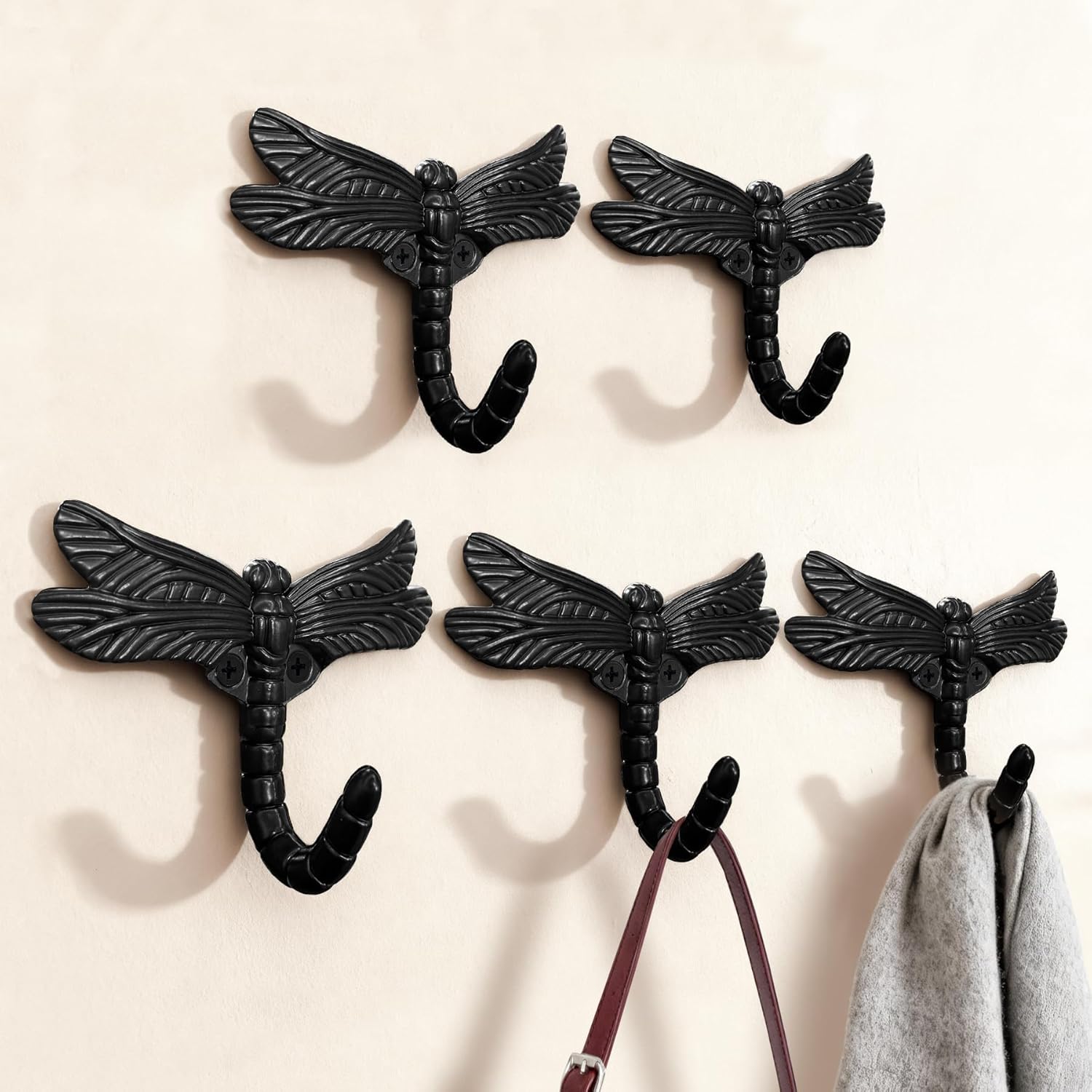 5pcs Dragonfly Coat Hooks Decorative Animal Wall Mounted Heavy Duty Hooks Vintage Towel Bathrobe Hook for Home Handbag Clothes Hats Bags Keys Indoor Outdoor(Matte Black)