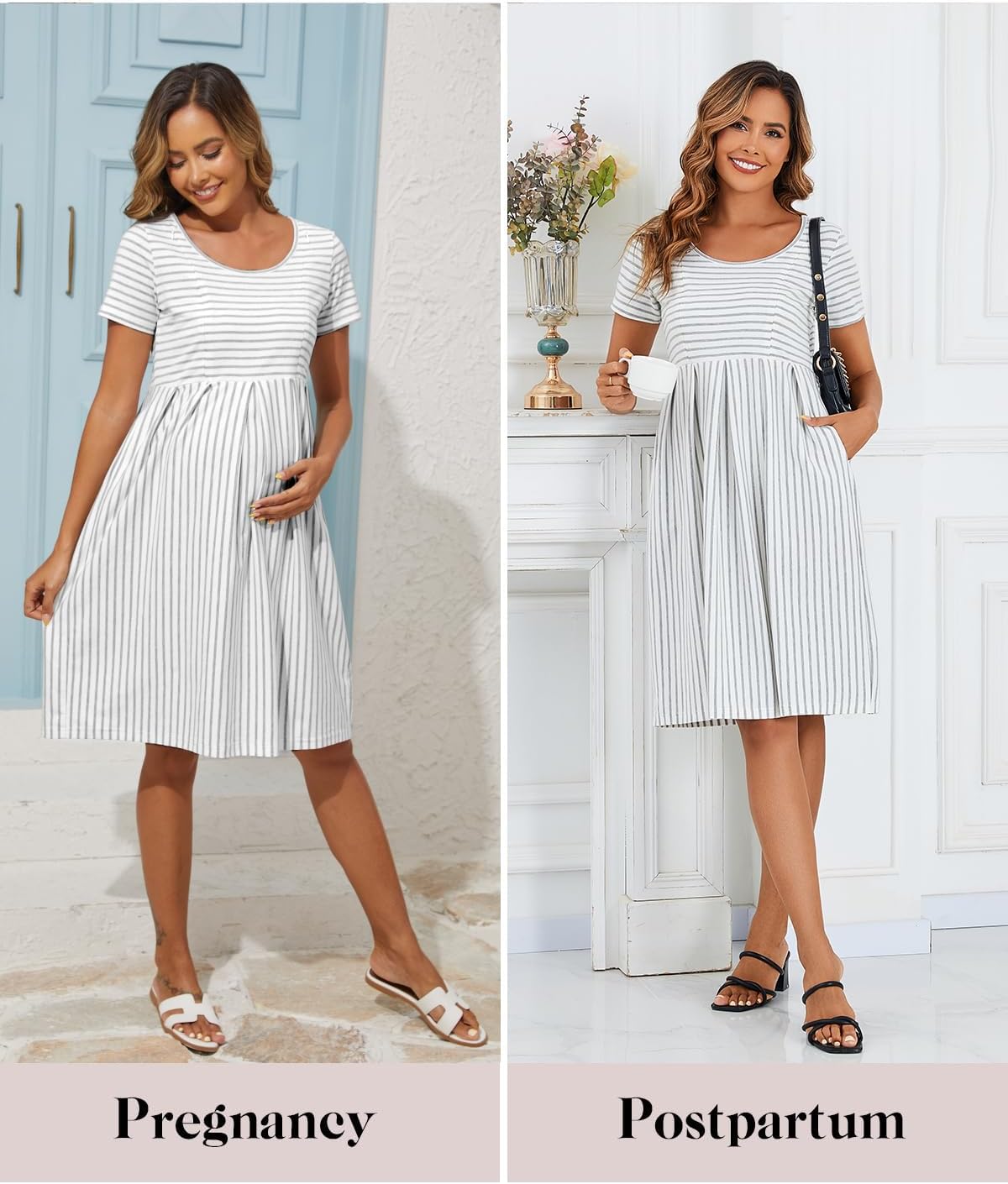 Ecavus Women's Nursing Dress Short Sleeve Hidden Zipper Maternity Breastfeeding Dress with Pockets - Image 5