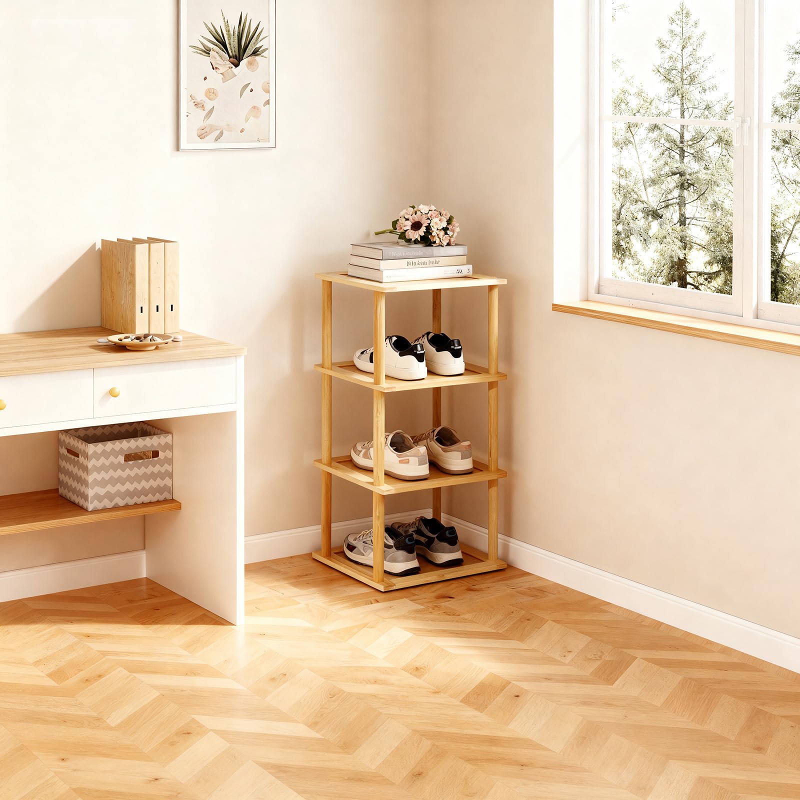 Aniston 4-poziomowy bambusowy stojak na buty, wolnostojący, wąski, pionowy, wysoki organizer na buty, do garażu, szafy, drzwi, narożnika, salonu, małych przestrzeni (4 Tier)