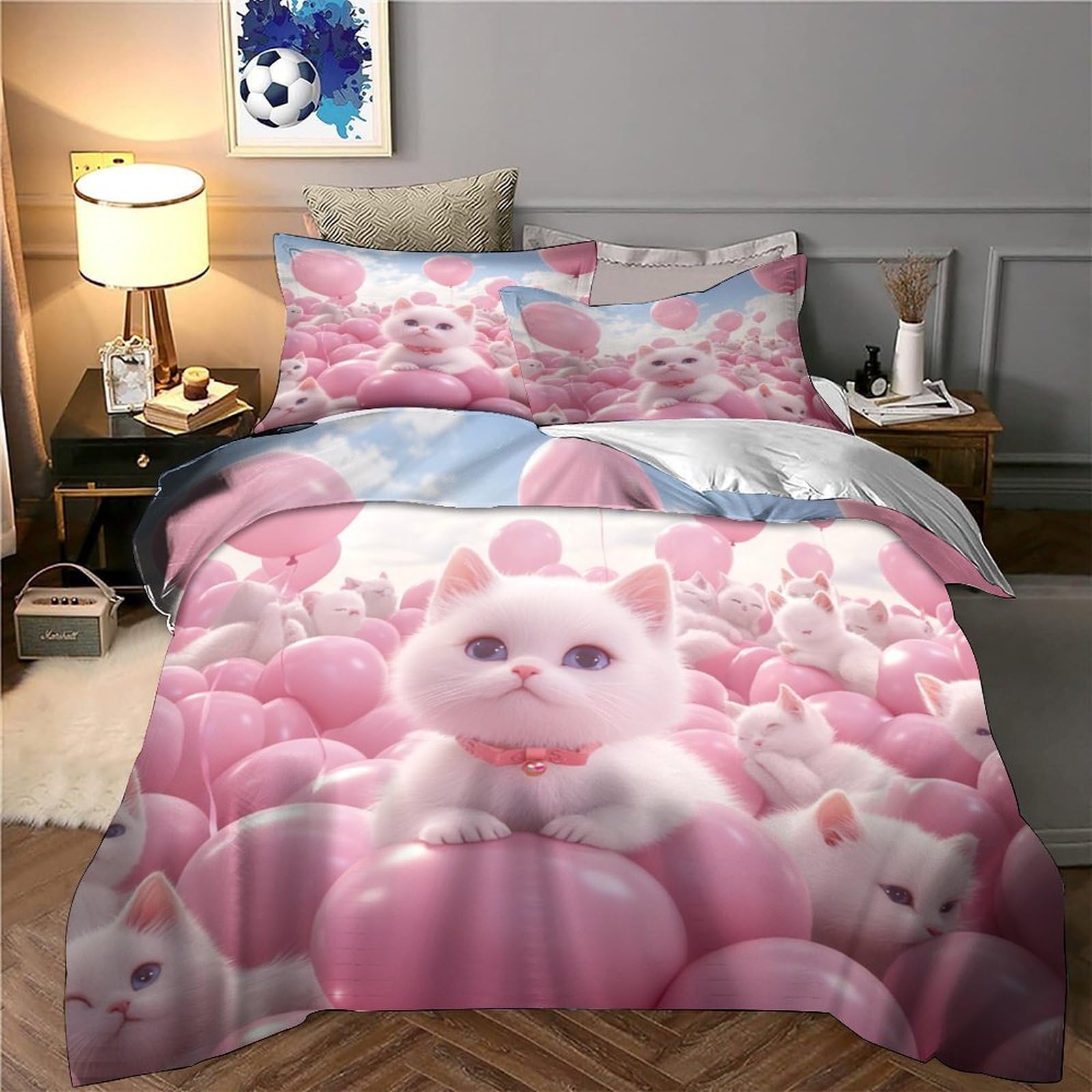 gattino carino Impressione 3D 3 pz cover piumone fantasia di palloncini rosa fodera per edredone microfibra morbida antiacari per bambini ragazzi donne King（220x240cm）