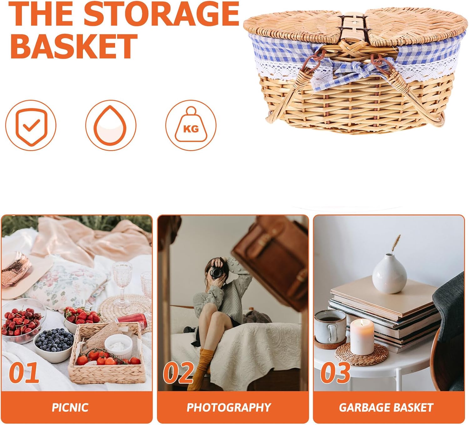 MAGICLULU Woven Picnic Basket with Lid and Handles Blue Plaid Lining Small Wicker Storage Basket 35x25x17cm for Outdoor Picnic BBQ Supplies Organizer Portable Handheld