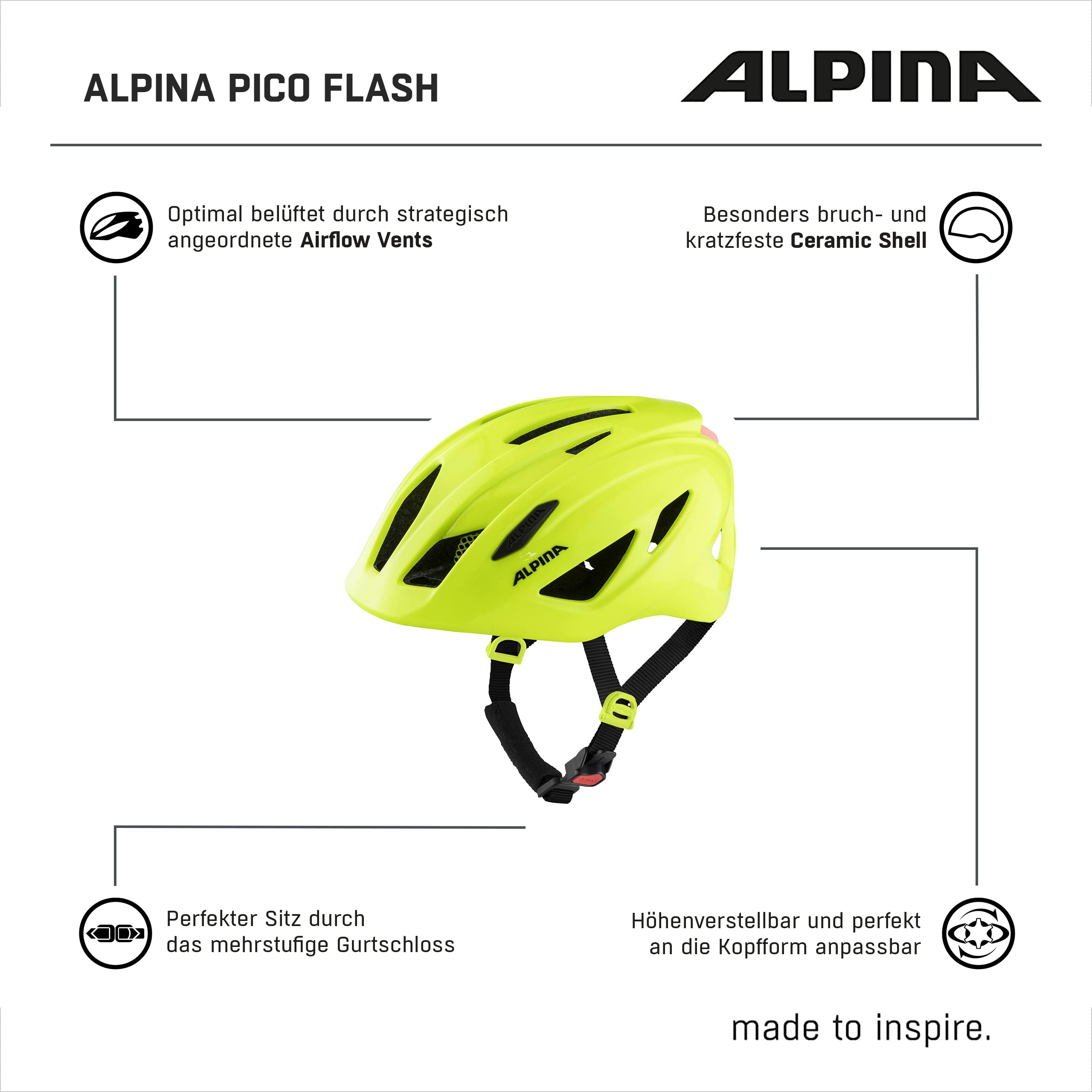 ALPINA PICO Flash - Beleuchteter, Leichter & Bruchfester Fahrradhelm Mit Fliegennetz Für Kinder