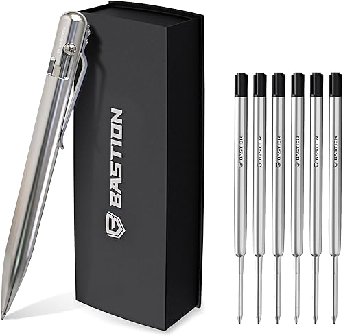 BASTION Stylish Bolt Action Pen | Acero inoxidable | 6 cartuchos de tinta de gel extra combo de punta fina | Juego de 6 bolígrafos de repuesto de