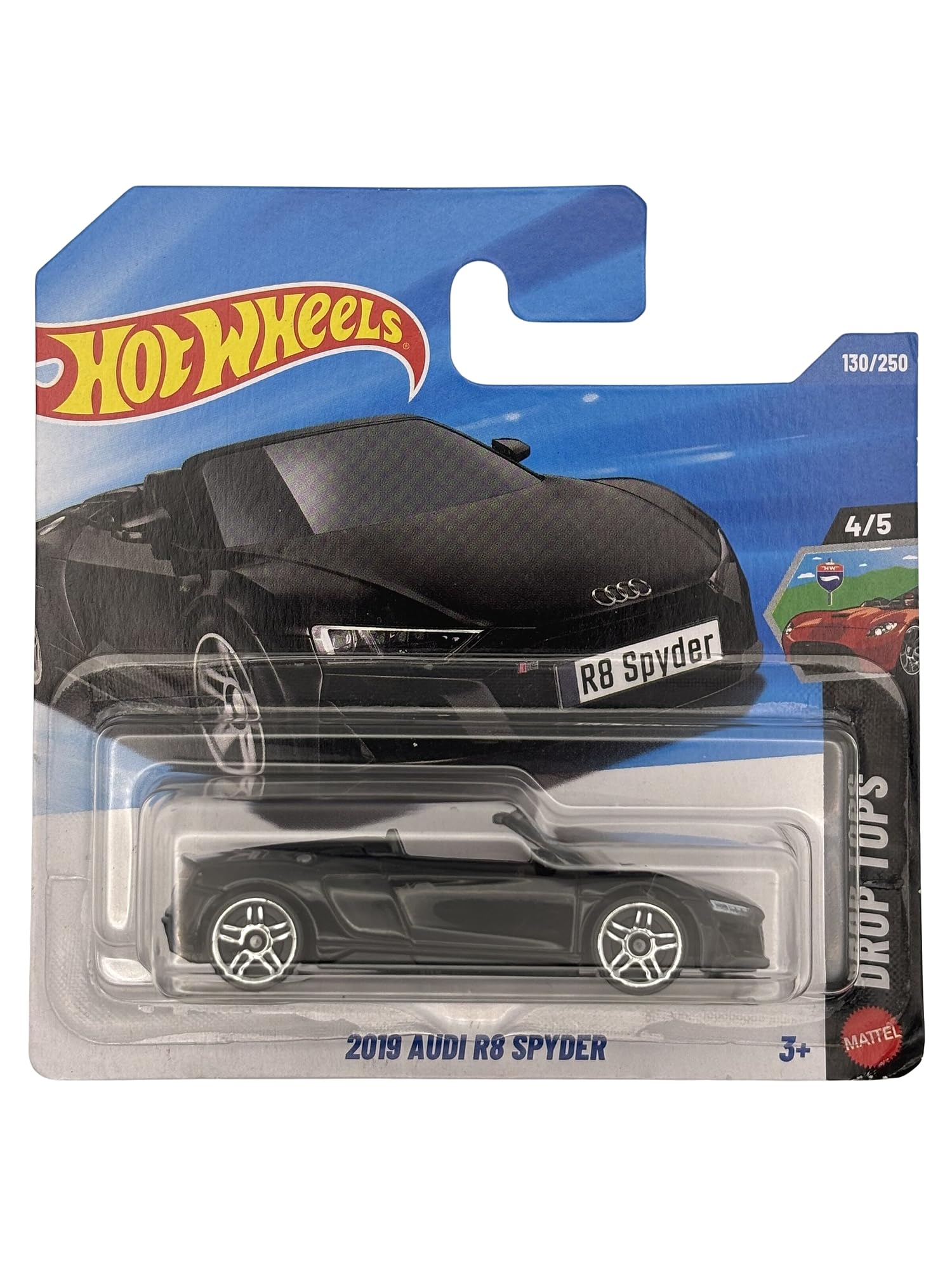 Hot Wheels - 2019 Audi R8 Spyder - JJJ84 - Drop Tops 4/5 - Short Card - Black - Official Licensed Model - Super Sports Car - Mattel 2026 (130/250) - 1:64