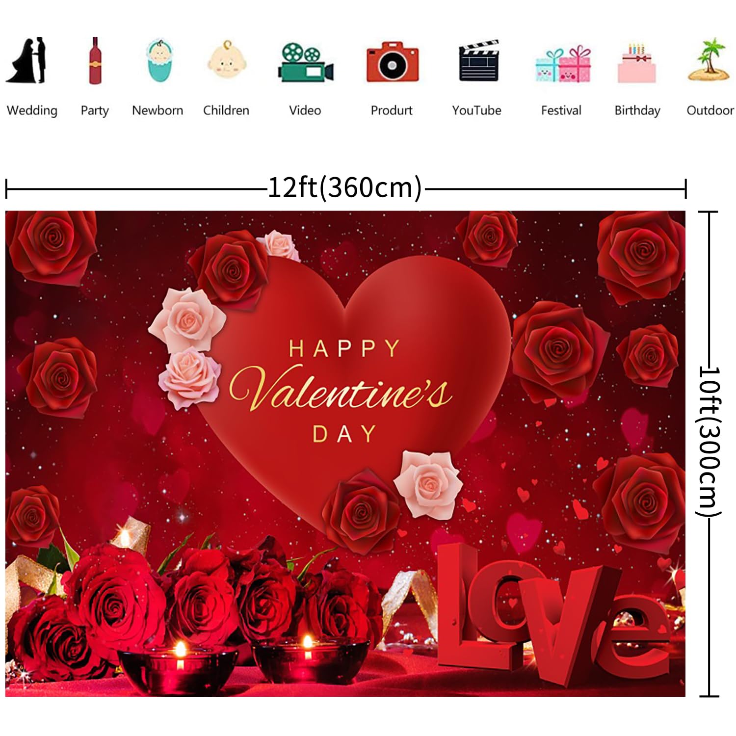 3.6x3m Telón de Fondo San Valentín Rojo Rosa Flor Amor Corazón Feliz Día de San Valentín Tema Fotografía Fondo Boda Aniversario Ducha de Novia Día de la Madre Decoraciones Fiesta Photo Booth Props