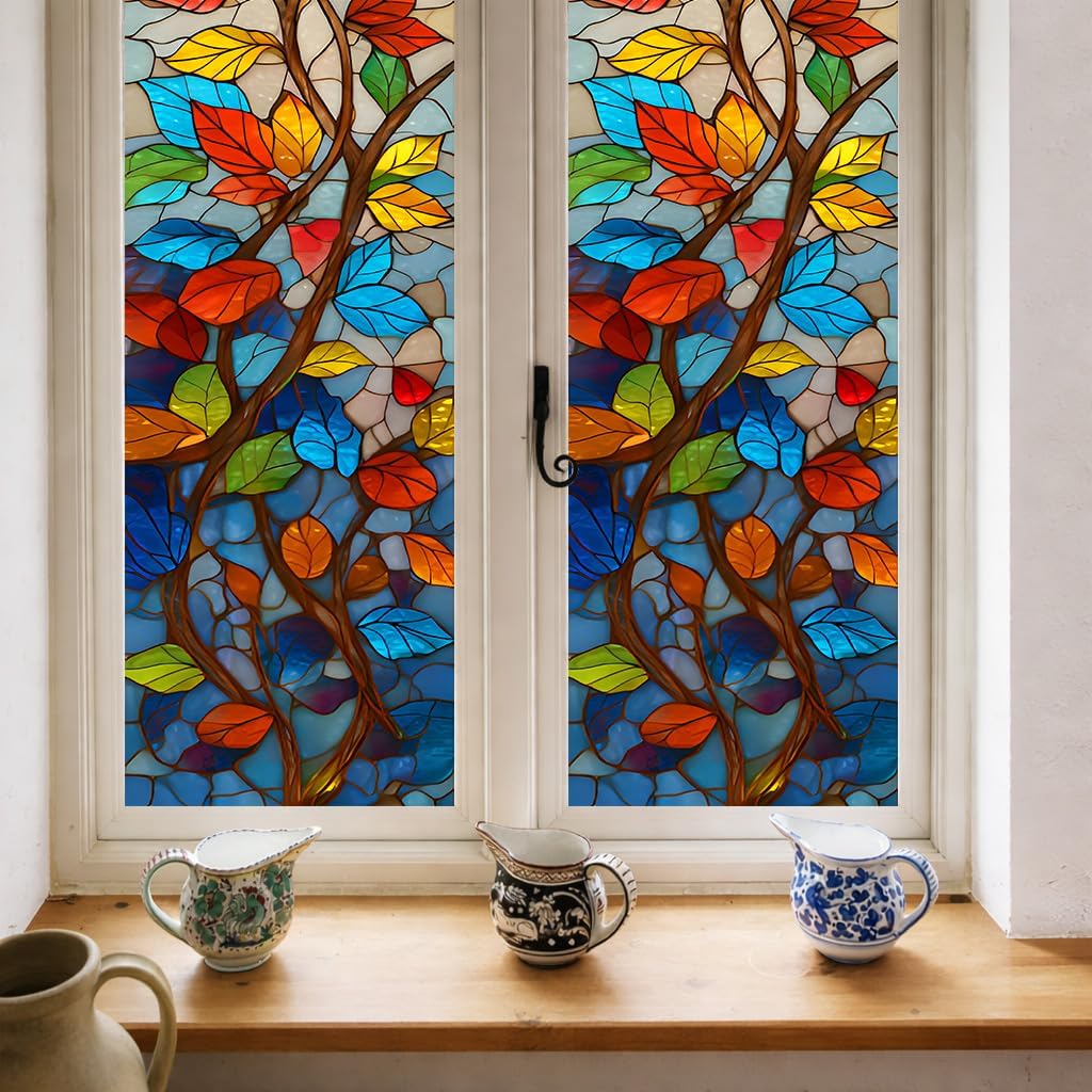 17.5x78.7in Stained Glass Window Film – Large Colorful Leaf Decorative Window Sticker, Static Cling Privacy Film for Home, Bathroom, Office, Translucent Reusable PVC Window Decal(Colorful Leaves)