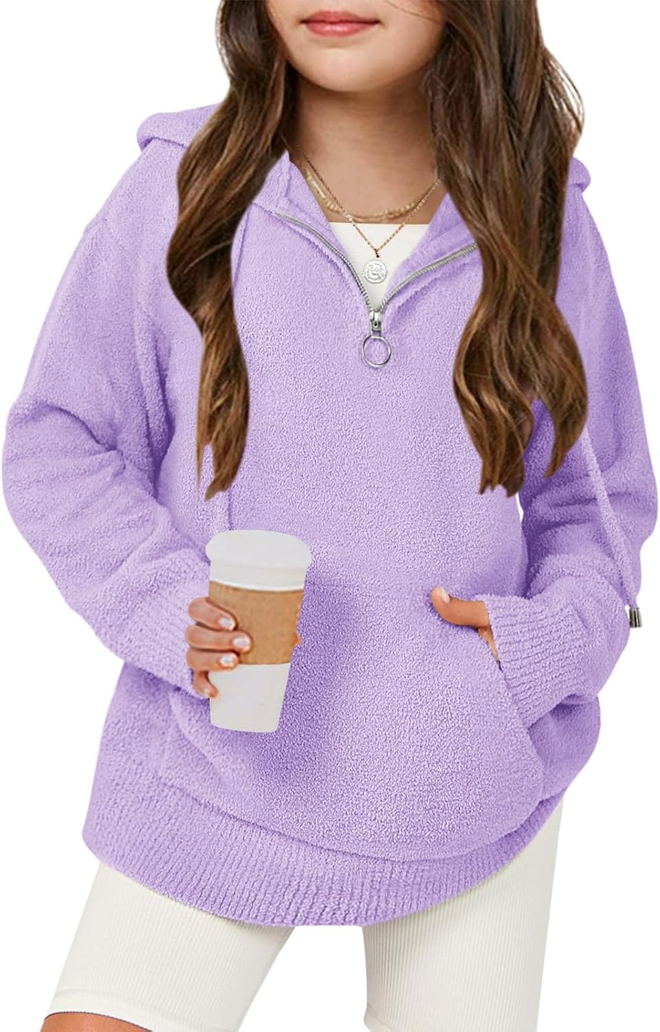 Haloumoning Girls Fuzzy Hoodies Kids Sherpa Quarter Zip Hooded Sweatshirts with Pocket 5-14 Years
