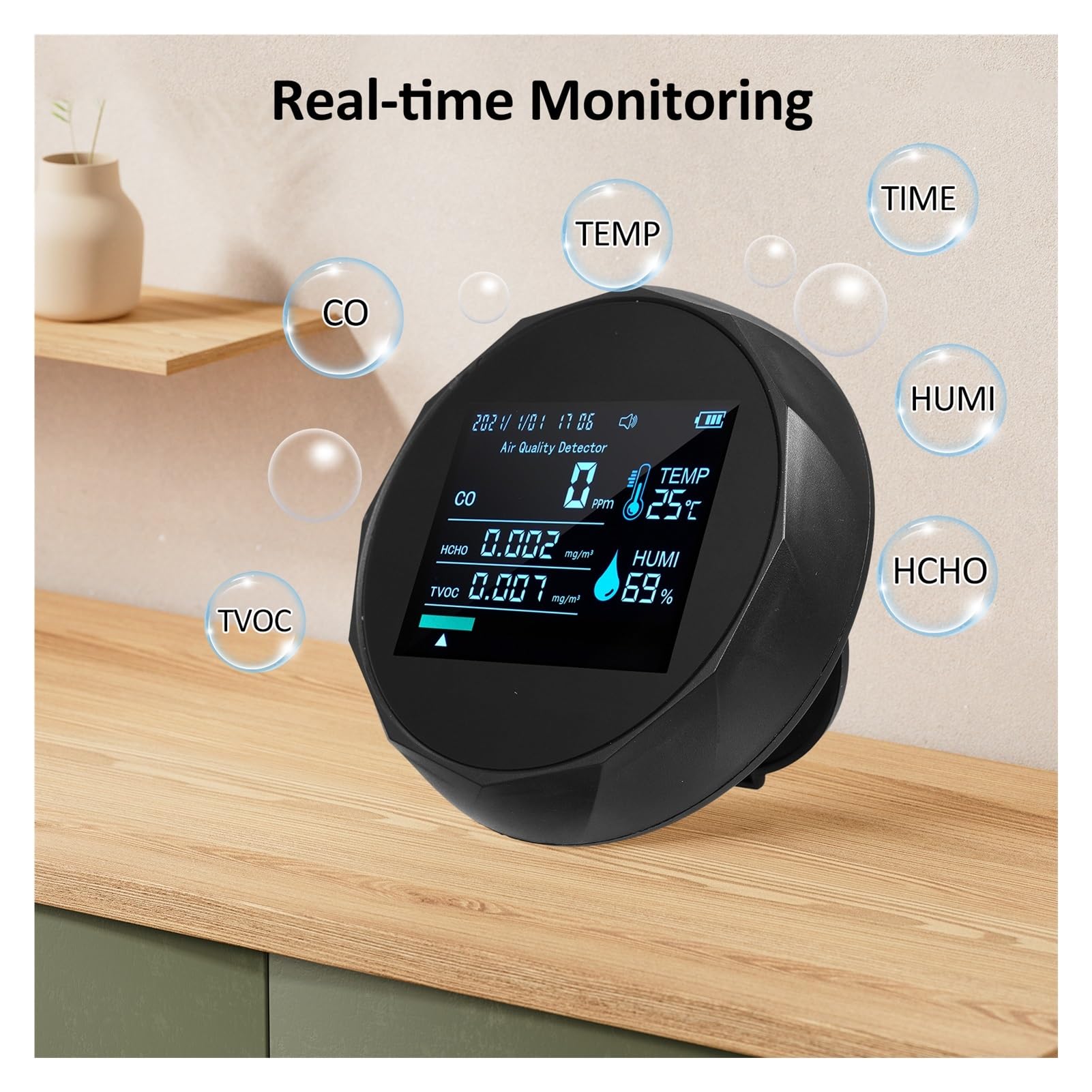 Monitor de Calidad del Aire, Monitor de calidad del aire 6 en 1, Detector de formaldehído, probador de calidad del aire, fecha, hora, CO TVOC, HCHO, analizador de humedad y temperatura