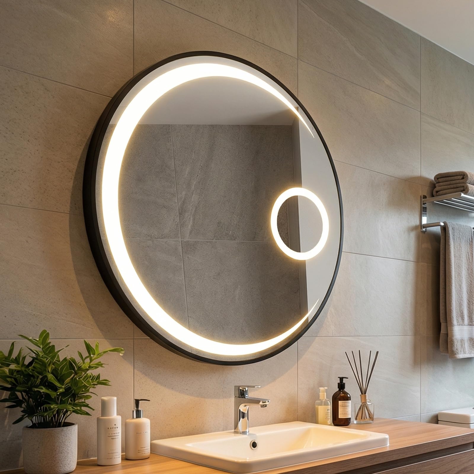 COSTWAY Specchio Bagno con Luce LED da 61 cm, Specchio Rotondo da Parete con Lente d'Ingrandimento 3X, Antiappannamento, 3 Colori Luce, 3000K-6500K, Luminosità Regolabile, IP44