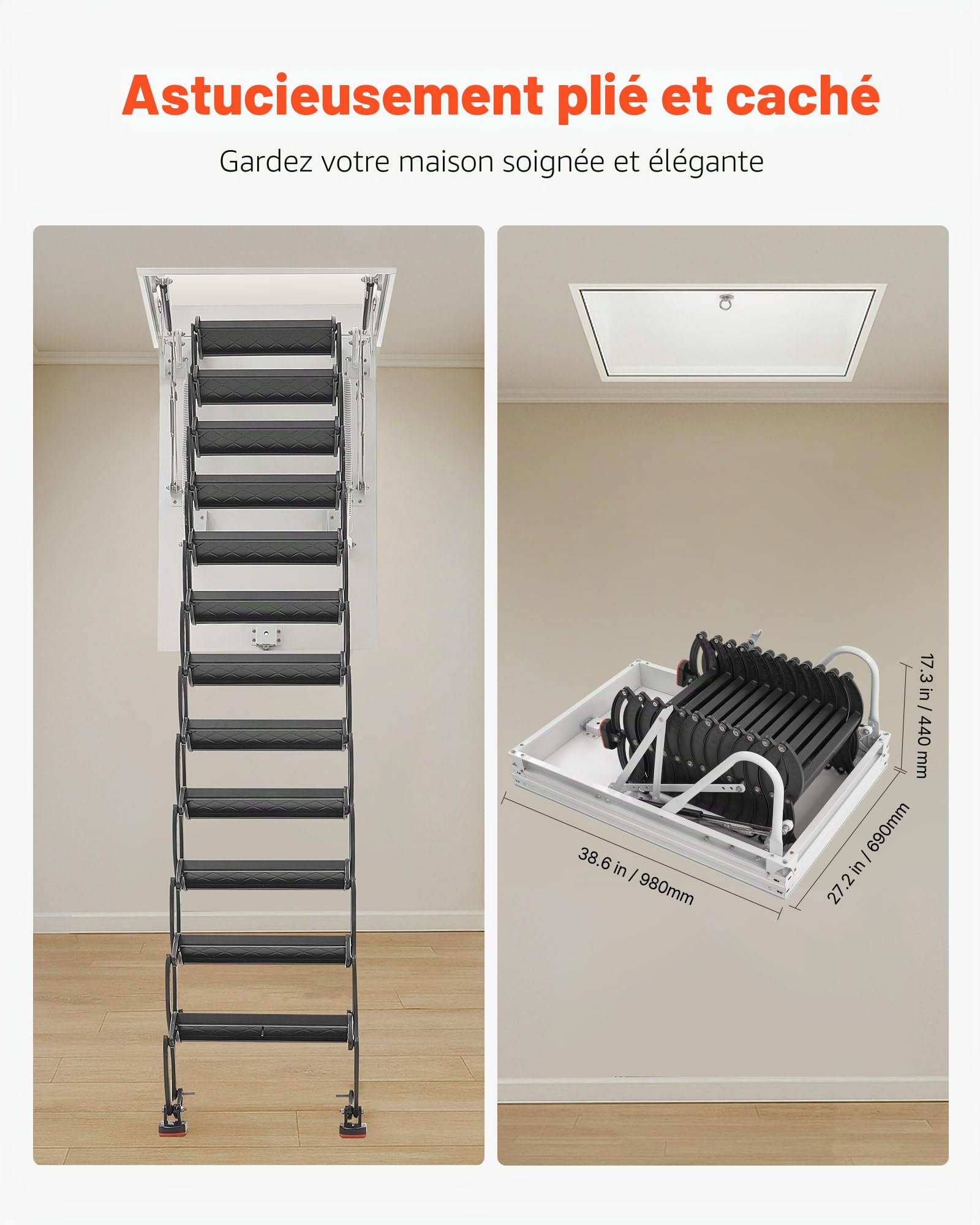 VEVOR Échelle de Grenier, Charge 299,4 kg, Escalier de Grenier Escamotable, Hauteur Installation 2,9-3,1 m, Ouverture 1000,76x698,5 mm, Tige de Traction, Échelle Rétractable Acier pour Accès Greniers