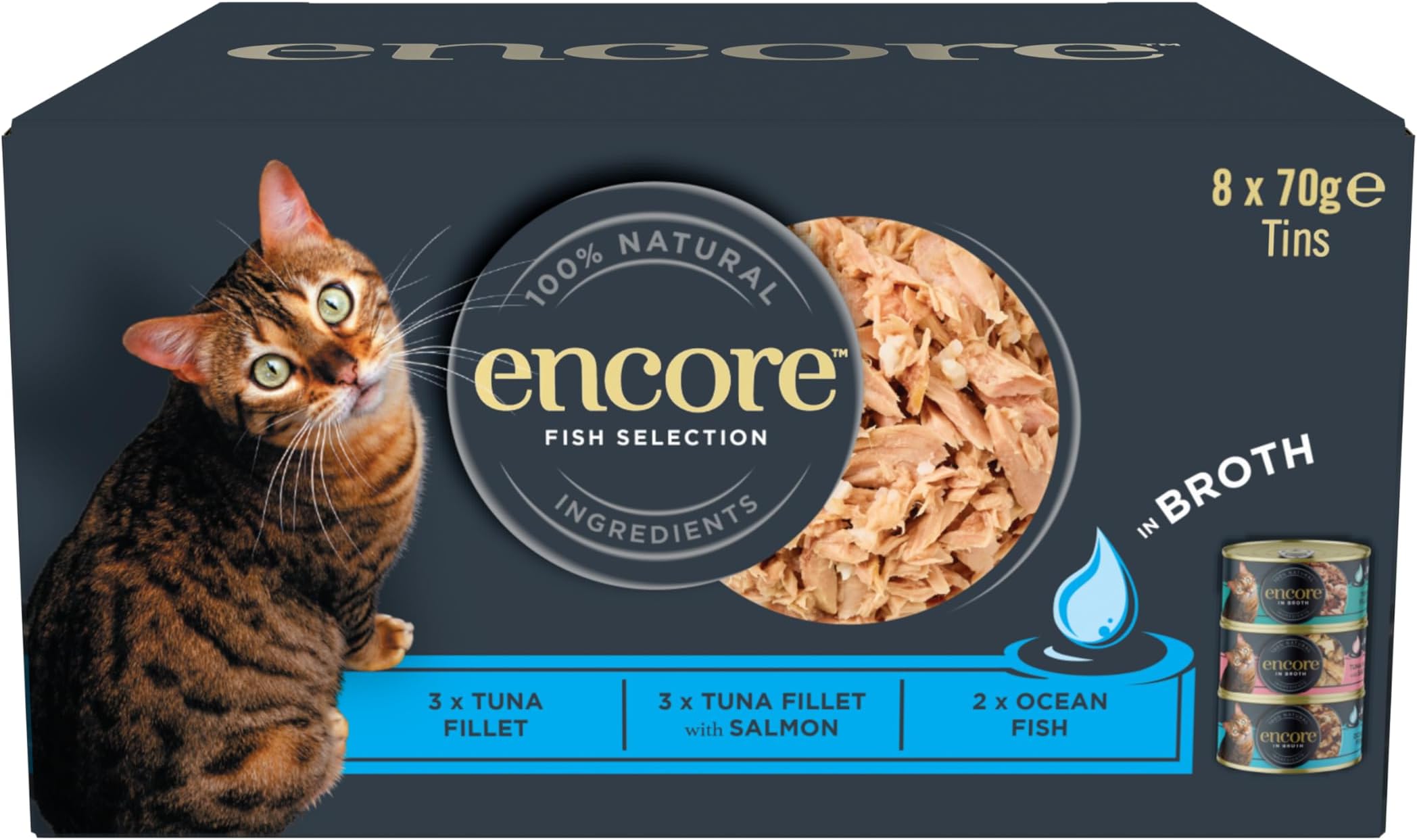 100% Natural Wet Adult Cat Food, Fish Selection in Broth, 8x70g Tins