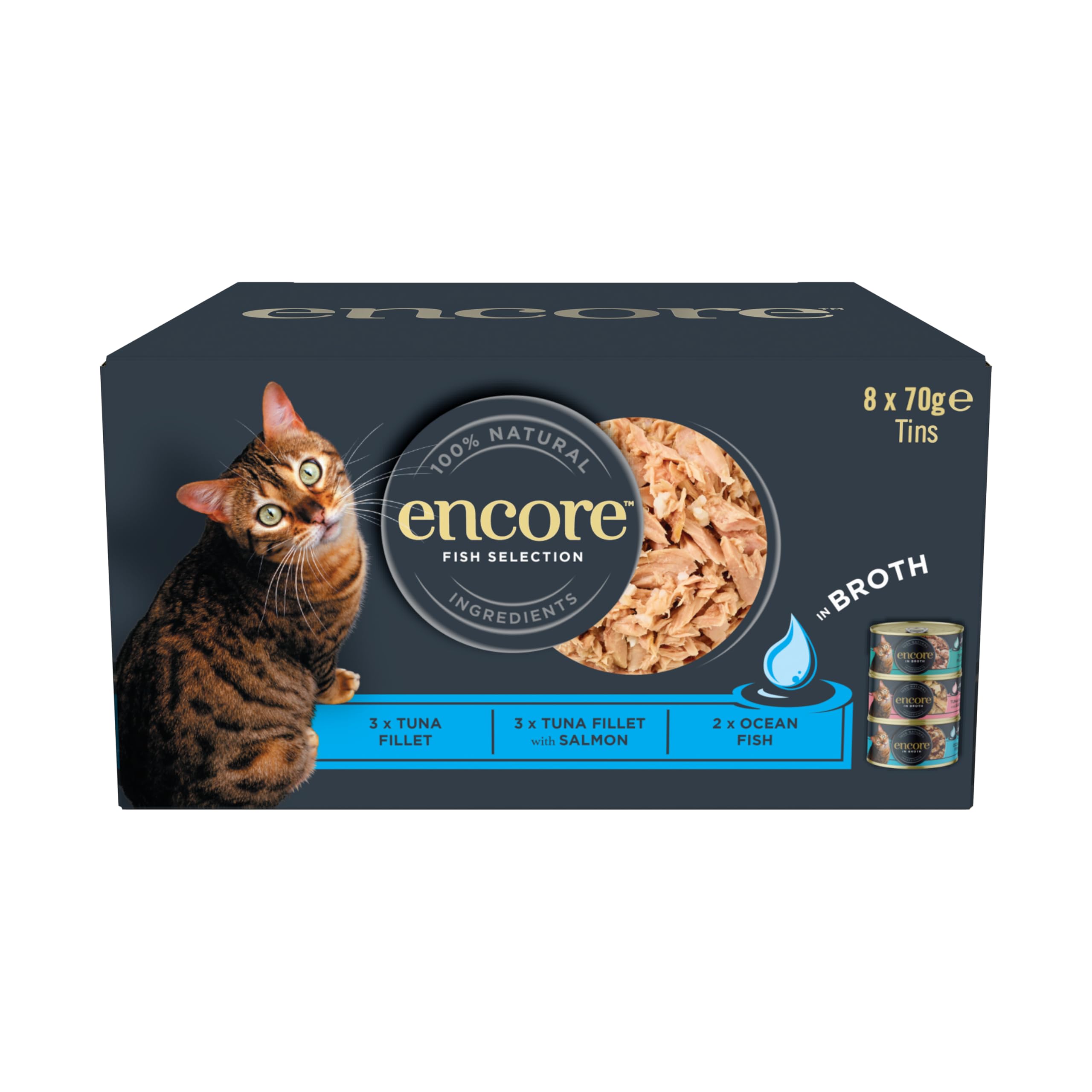 100% Natural Wet Adult Cat Food, Fish Selection in Broth, 8x70g Tins