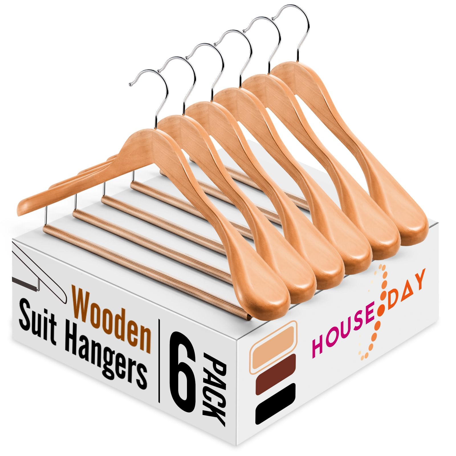 HOUSE DAY 6 Pack Wooden Suit Hangers for Men - with Rolling Crossbar Wooden Coat Hanger,Extra Wide Shoulder Hangers for Clothes with 360°Swivel Hook,Heavy Duty Hanger for Jacket,Garments(Natural)The Forest Stewardship Council