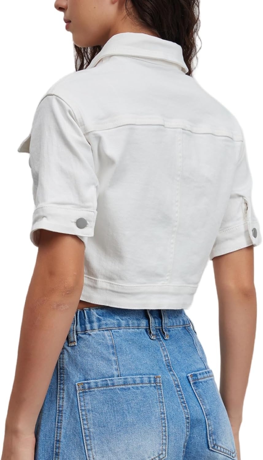 LifeShe Women Stretch Cropped Denim Jacket Short Sleeves Button Down Trucker Jean Jackets Coats - Image 2