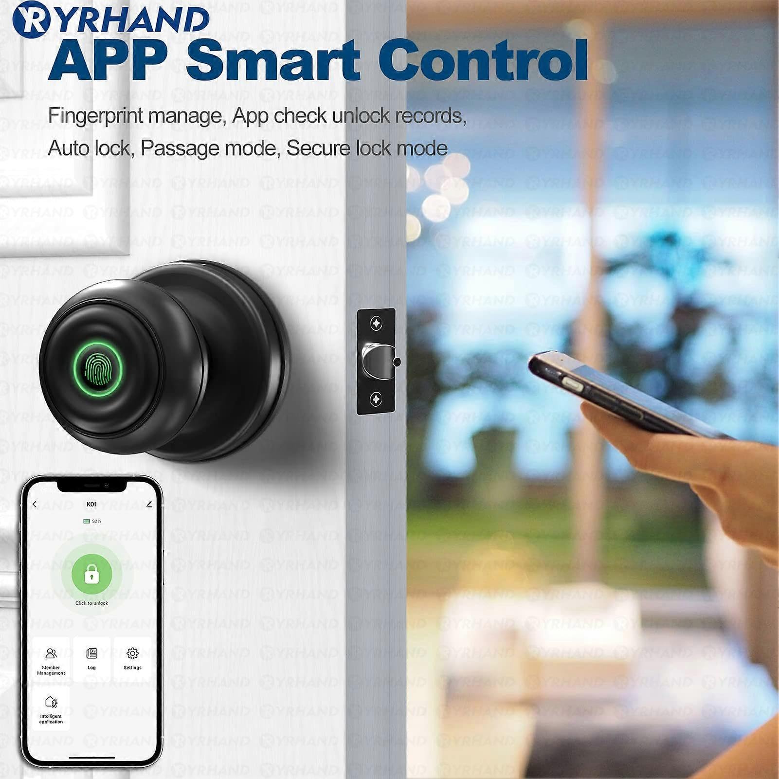 Okrągła gałka Tuya Bluetooth Smart Lock łatwa instalacja cylindryczna elektroniczna cyfrowa biometryczna blokada odcisków palców do inteligentnego domu