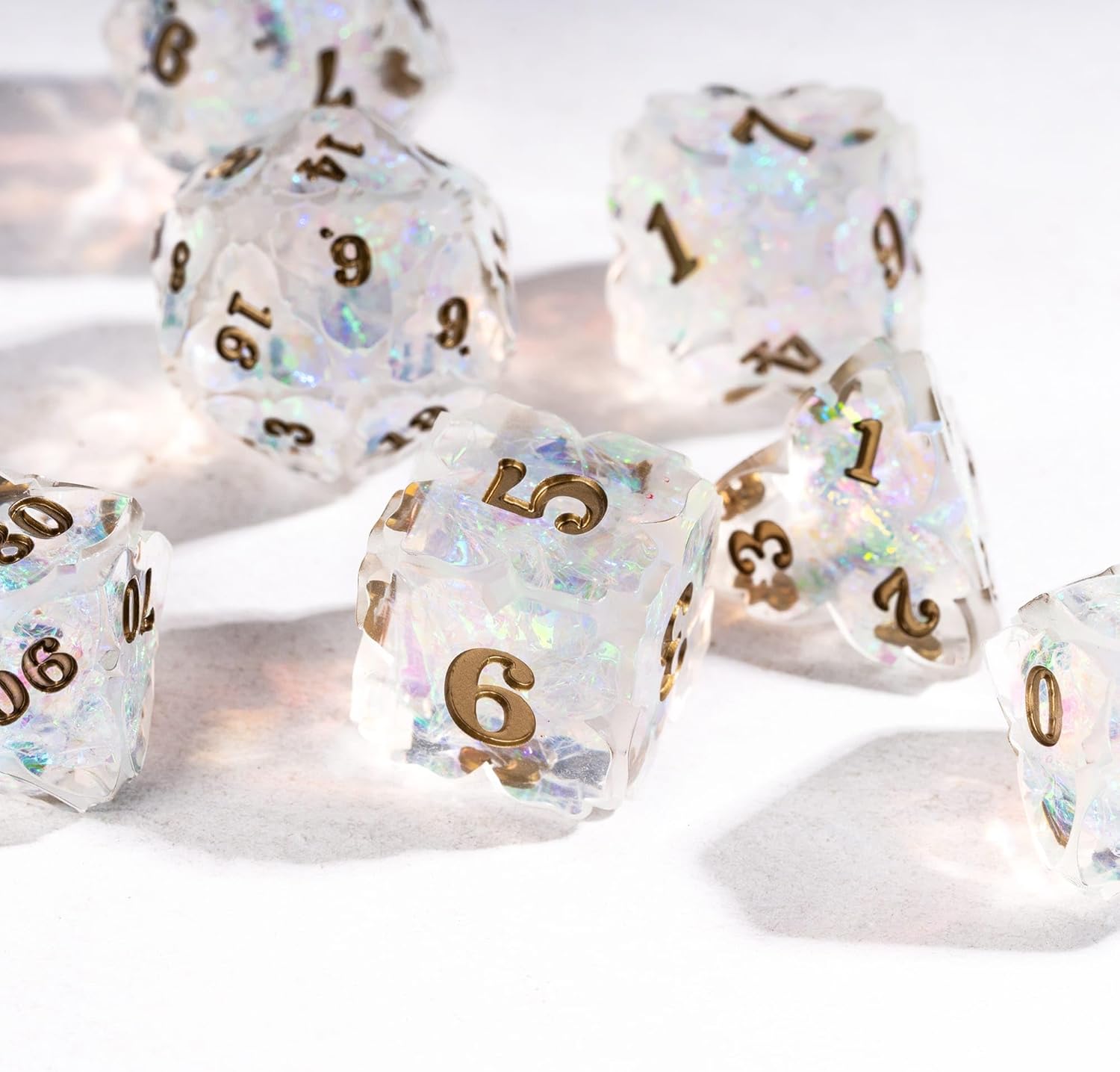 Cusdie Sharp Edge DND Dice, 7 PCS Shamrock DND Dice Set D&D D20 D12 D10 D8 D6 D4, Handcrafted Polyhedral Dice Set for RPG and Other Table Games(Transparent)