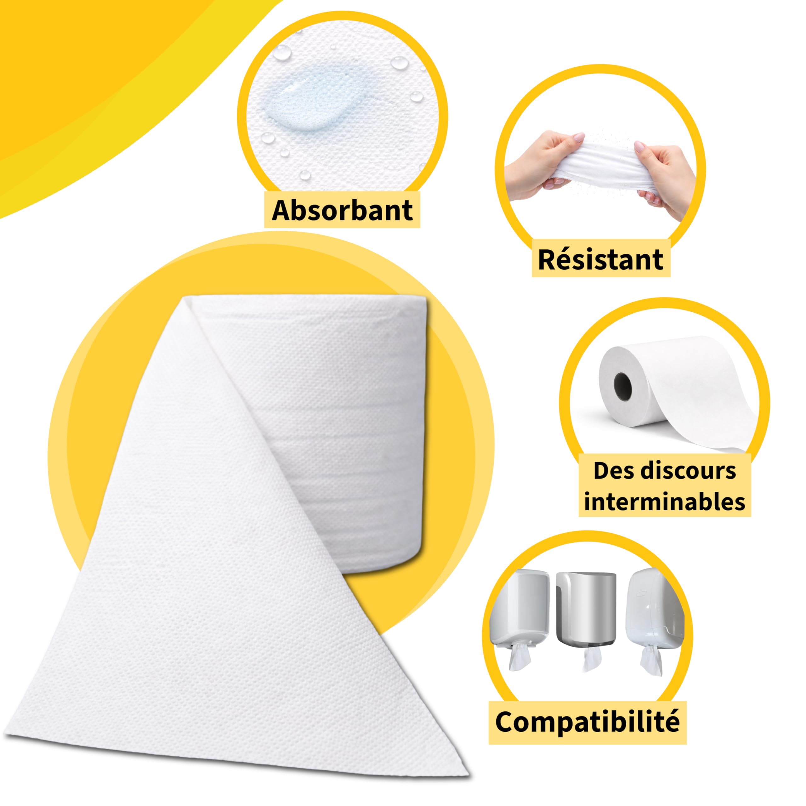 Lot de 6 rouleaux de papier essuie-tout 2700 feuilles 100 m/rouleau | Papier essuie main blanche pure ouate | Usage professionnel haute résistance et grande absorption.