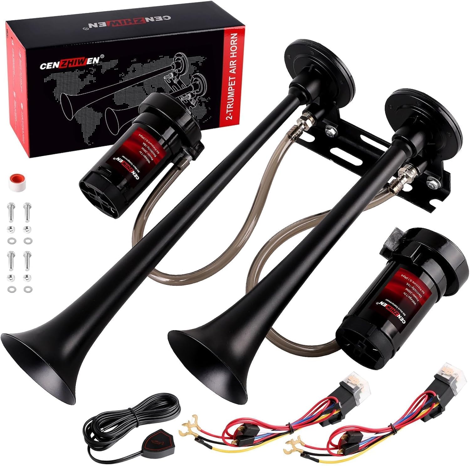 Dual 2-Trumpet Metal Air Horn for truck Kit with 2 air Compressors,12V 150dB Ultra Loud impact train car horn moto horn is suitable for pickup/SUV/Boat and other vehicles (Black with button)
