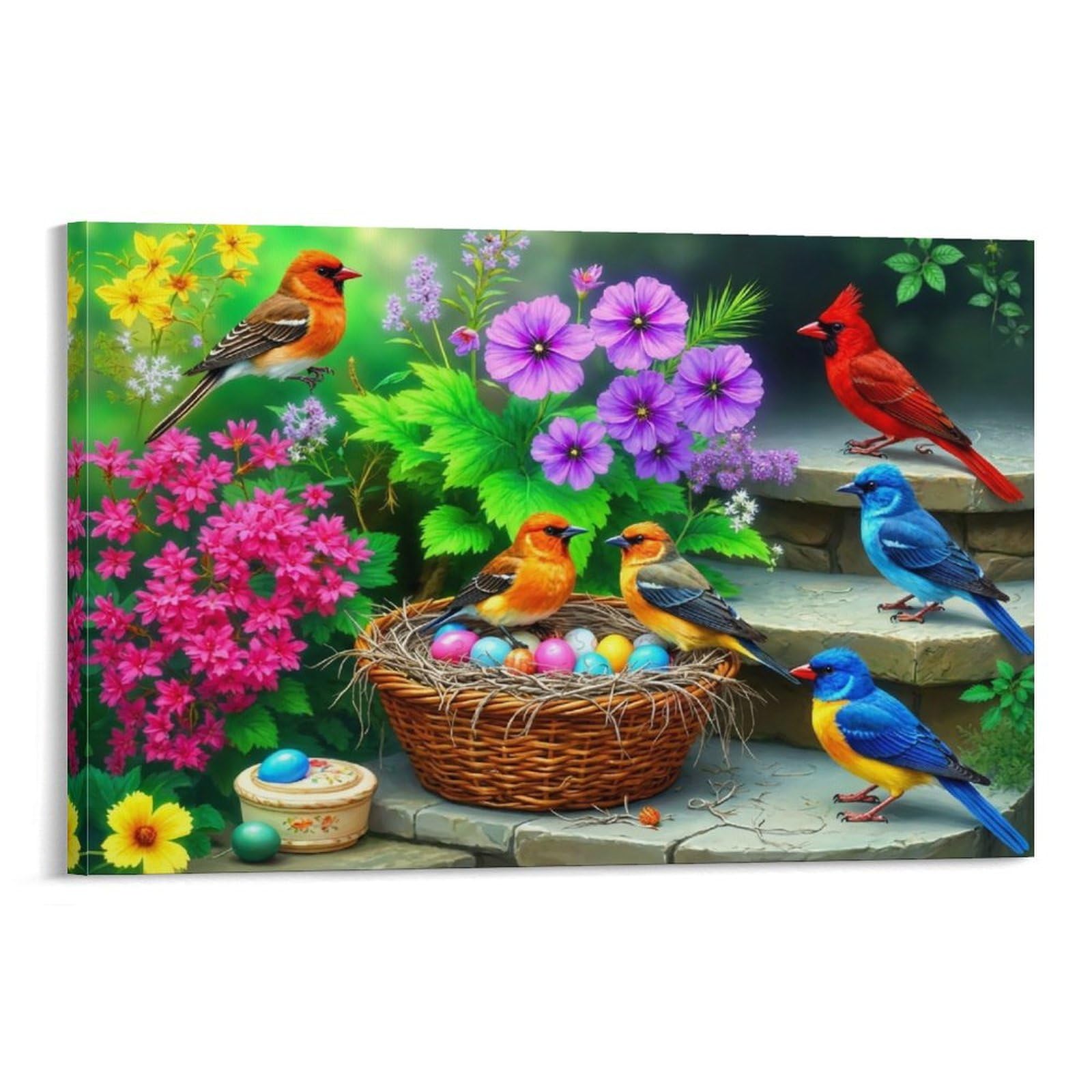 CPLVKWRQJ Spring Birds Garden Individual Wild Birds Colorful Eggs And Vibrant Garden Flora Framed Canvas Art - Office Wall Decor Multi-Purpose Fade Resistant Statement Piece 20x30inch(50x75cm)