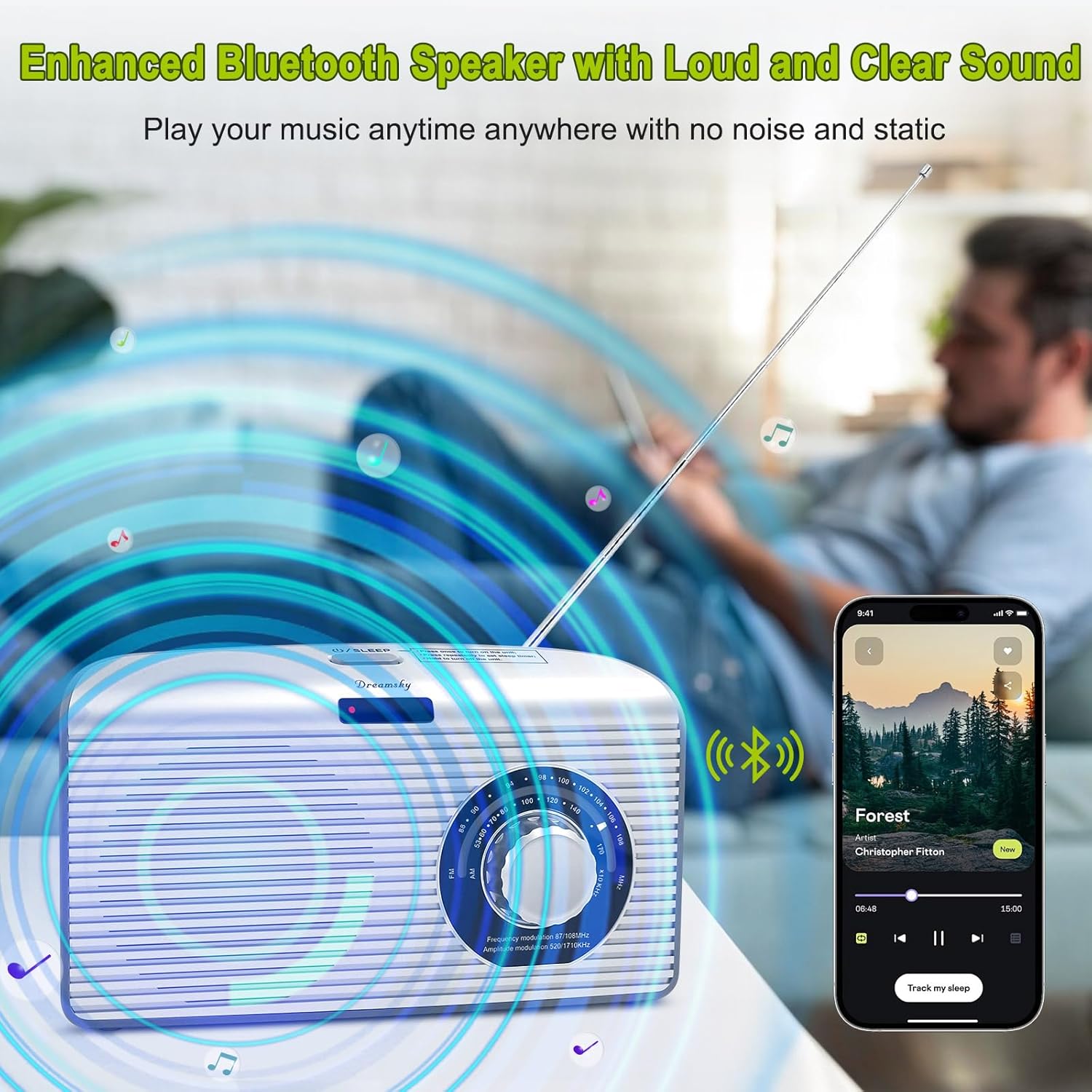 DreamSky Bluetooth Speaker Radio Sleep Timer, Hi-Fi Clear Extra Loud Sound, Portable AM FM Radio with Strong Reception, Plug in Wall or Battery Operated for Home/Outdoor, Seniors Small Gift