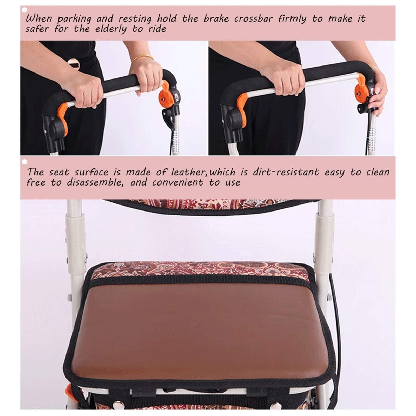 Andador plegable con asiento, ligero, altura ajustable, asiento acolchado, cesta de transporte, frenos bloqueables para un fácil almacenamiento y transporte