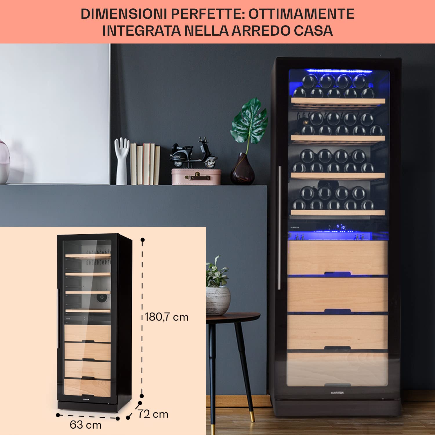 KLARSTEIN Cantinetta Vino, Cantinetta Vino Refrigerata a Zona Doppia per Interno/Esterni, Frigo Bar, Cantina Vino con Vetrina, Mini Bar con Protezione UV, Frigo Vino Touch, 5-18°C, 123 Bottiglie