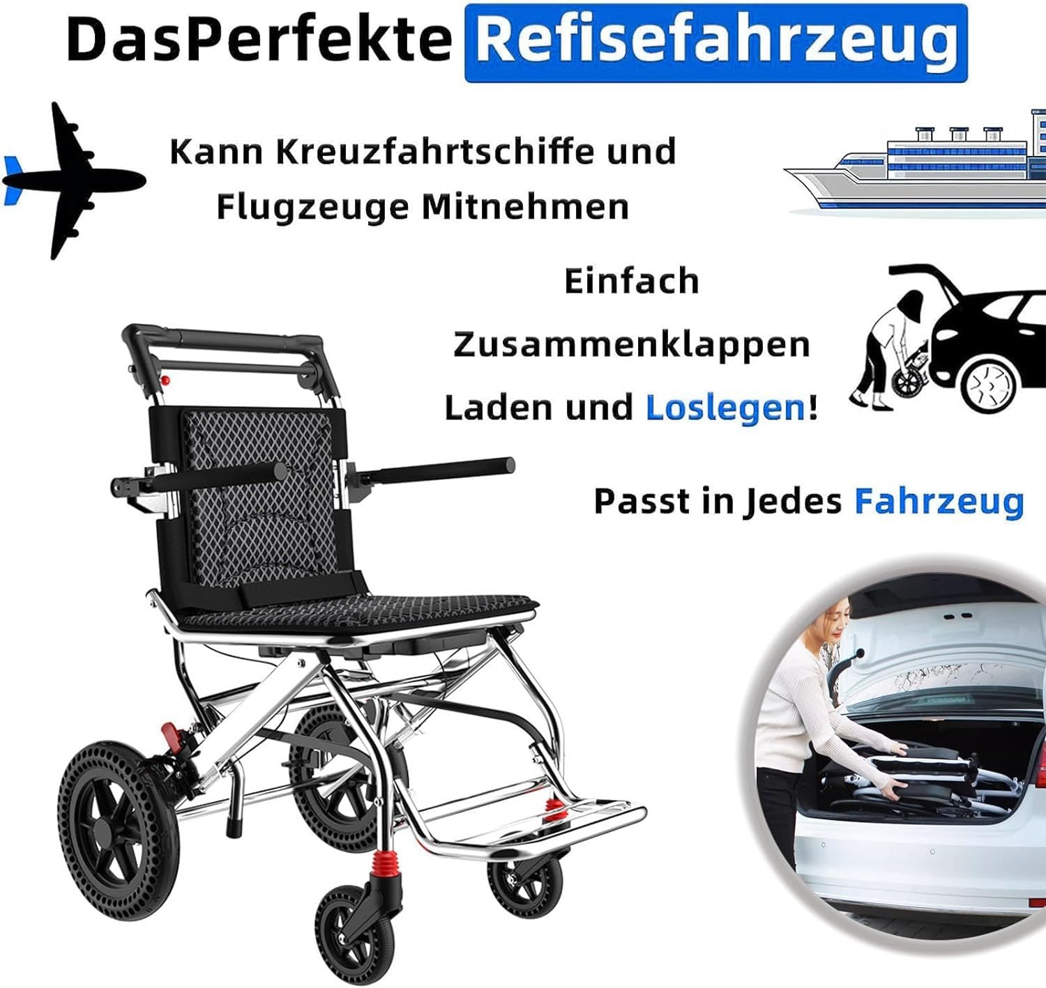 Sedia a rotelle pieghevole in alluminio leggero, sedie a rotelle con braccioli reversibili a 270°, sedie a rotelle autospinte, pesa solo 10 kg dopo la piegatura, può essere facilmente riposta nel ba