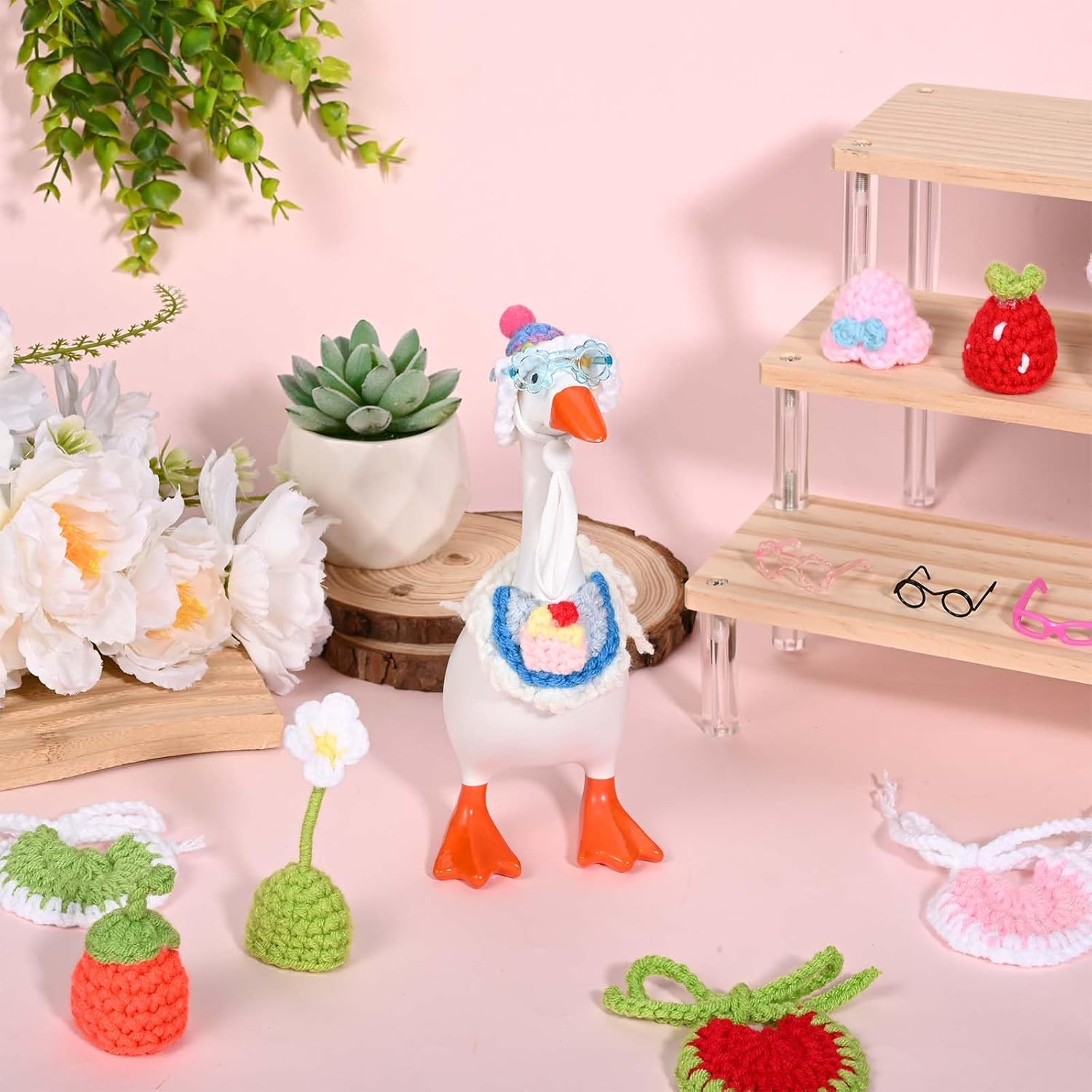 6 Set Desk Goose Outfits Mini Knitted Hats with Mini Sunglasses Knitted Bibs for 7inch Magnetic Key Holder Goose Statue