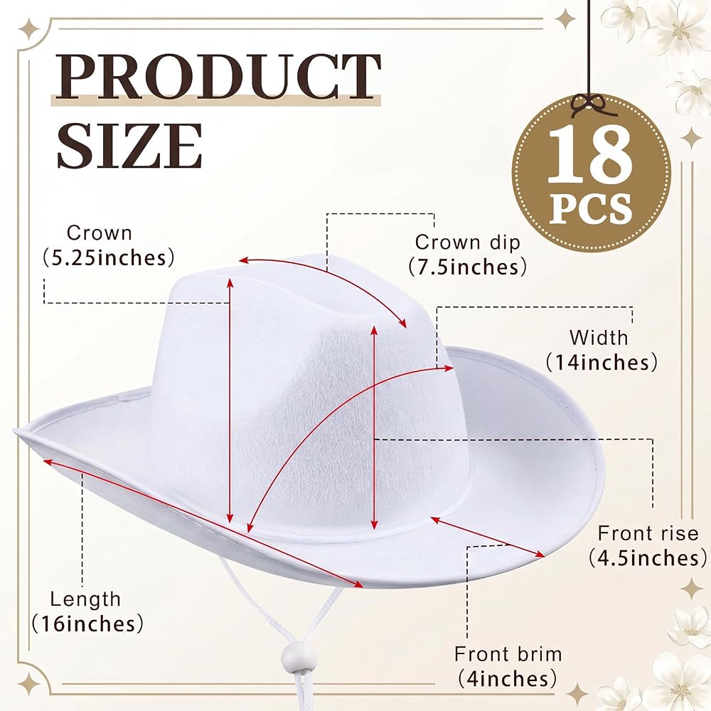 2572 18 Pack White Cowboy Hats Bulk Western Plain Hat Janmercy 18 Pack White Cowboy Hats Bulk Western Plain Cowboy  main image 3