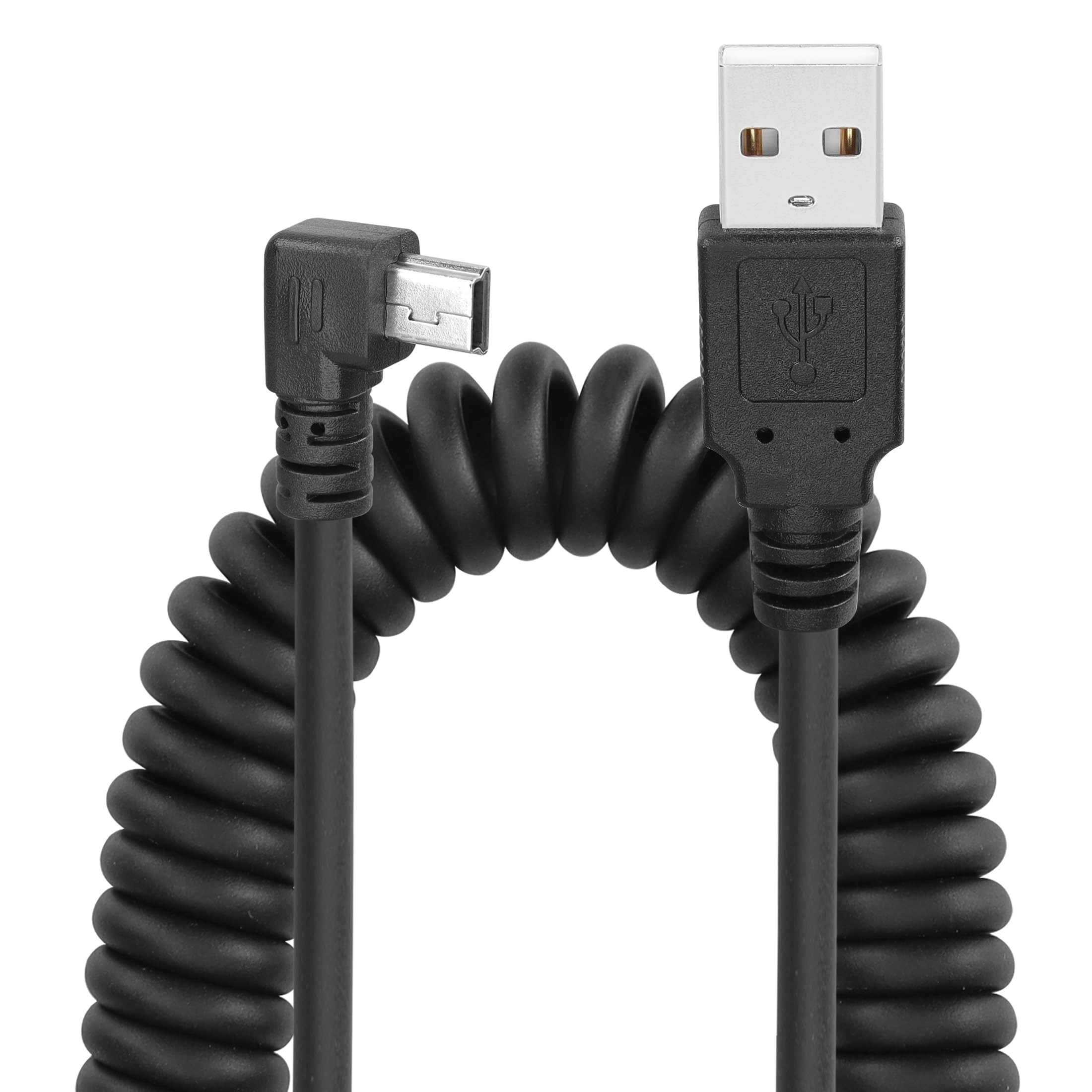 YACSEJAO Coiled Mini USB Cable 90 Degree, USB Type A to Mini B Male Data Sync & Charge Spiral Cable for Printers, Cameras, Mouse, Cell Phone (Straight